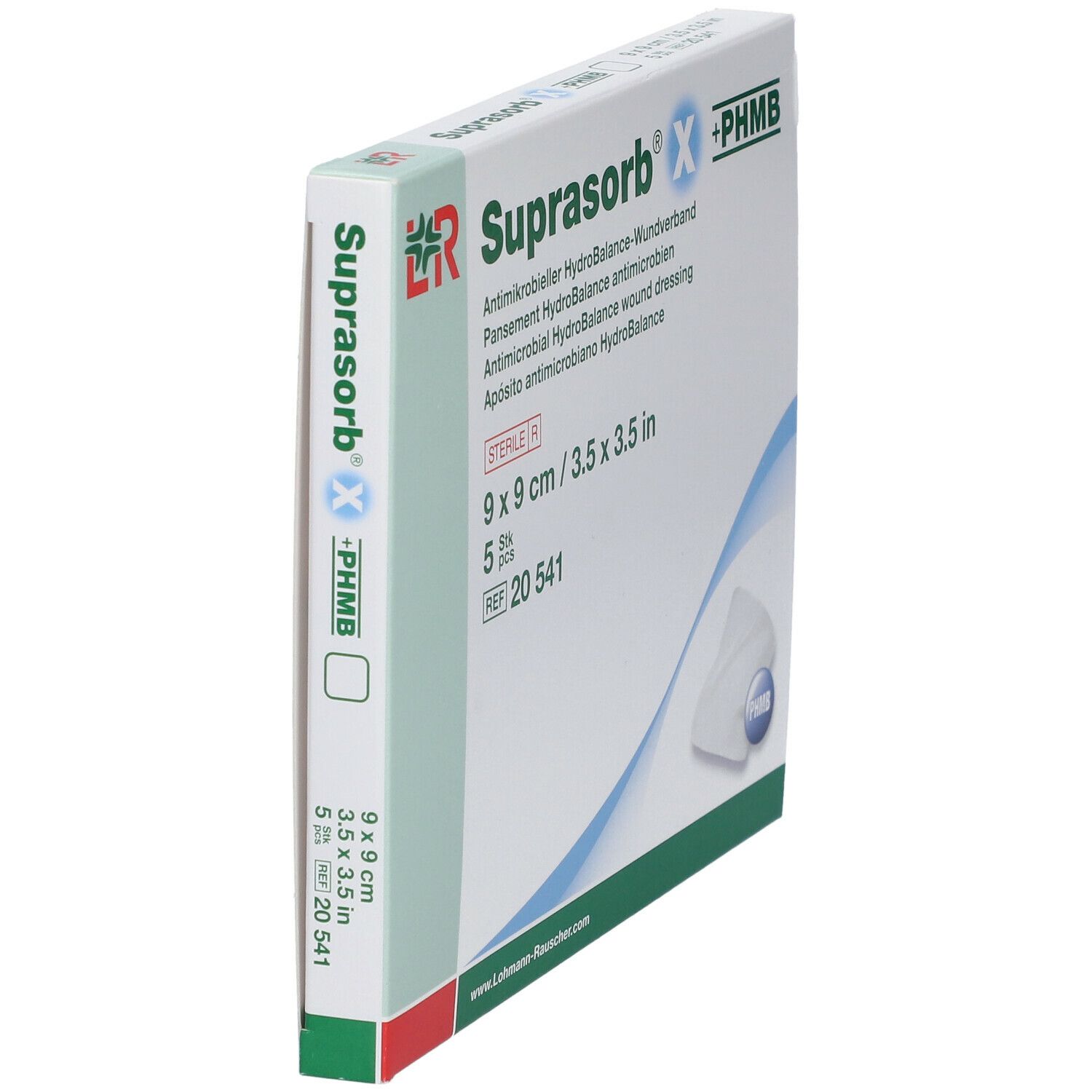 Vue latérale de l'emballage Suprasorb X +PHMB. Taille 9x9cm, 5 pièces.