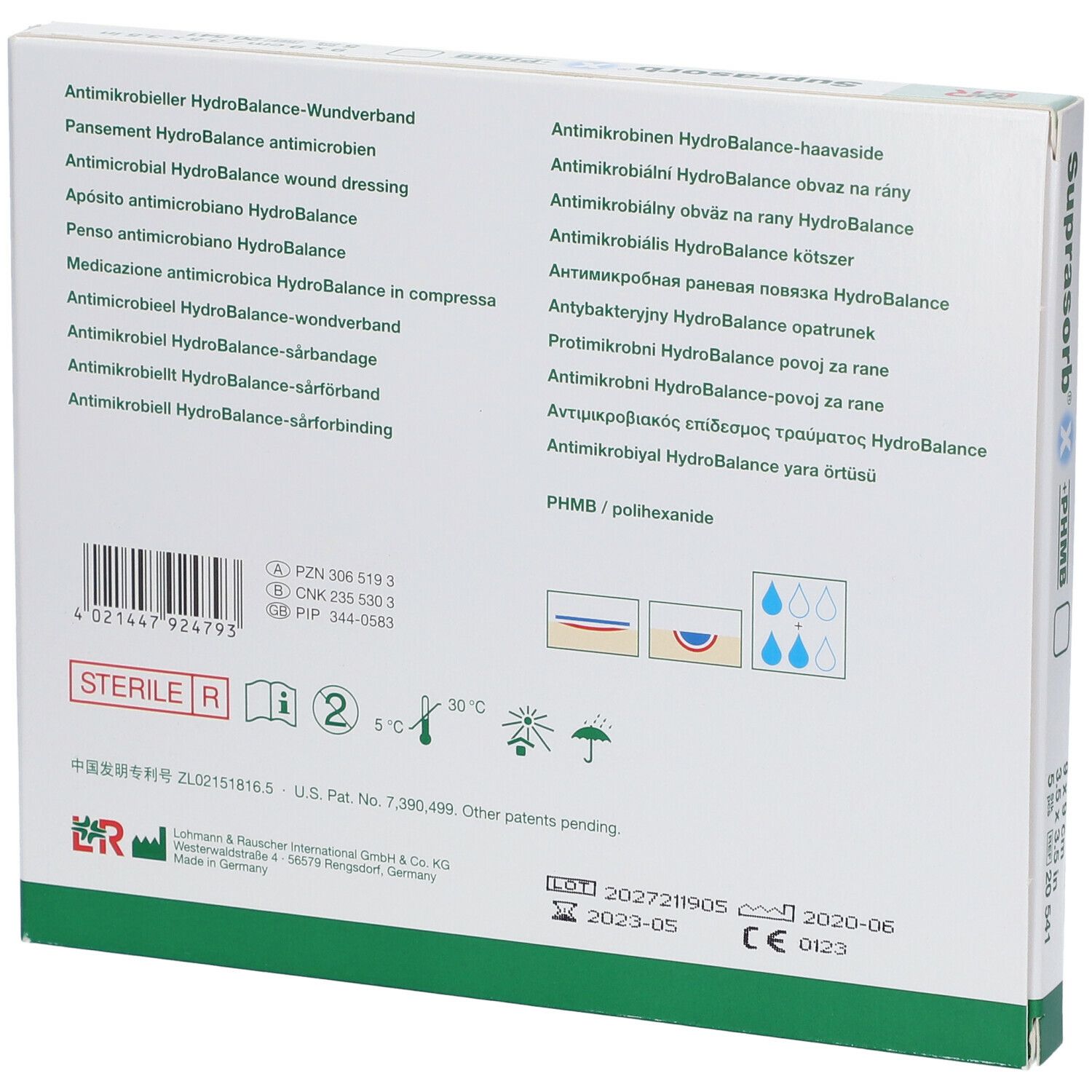 Dos de l'emballage Suprasorb X +PHMB. Informations et symboles du produit.