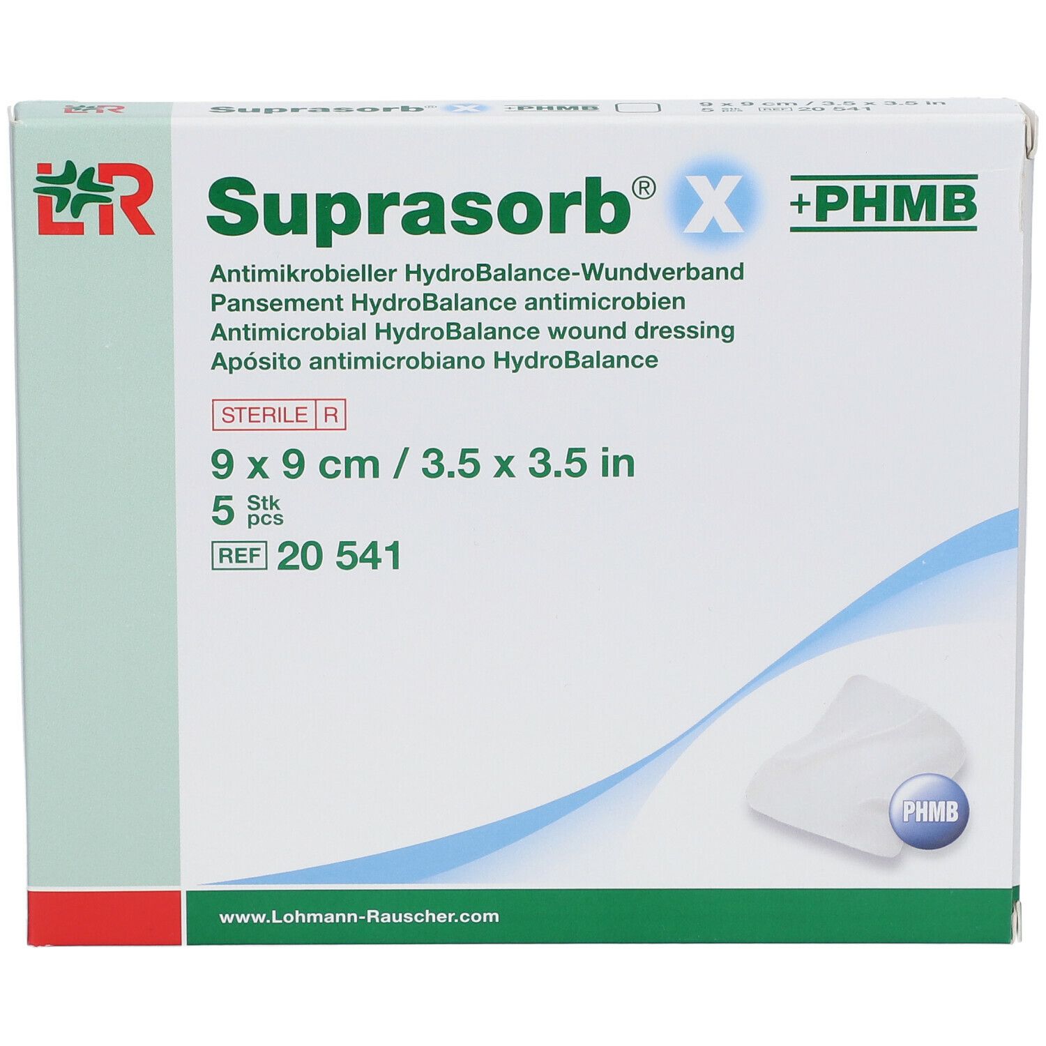 Boîte de Suprasorb X +PHMB, 9x9cm, 5 pièces. Pansement HydroBalance antimicrobien.