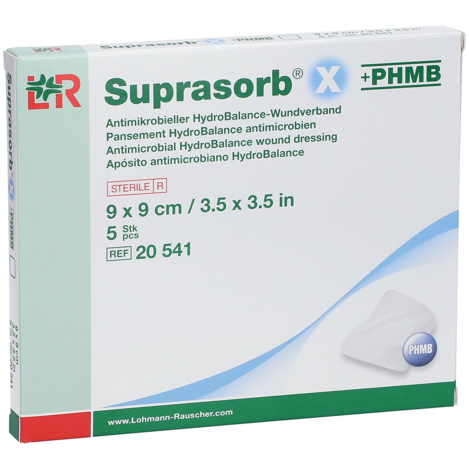 Boîte de Suprasorb X +PHMB, 9x9cm, 5 pièces. Pansement HydroBalance antimicrobien.