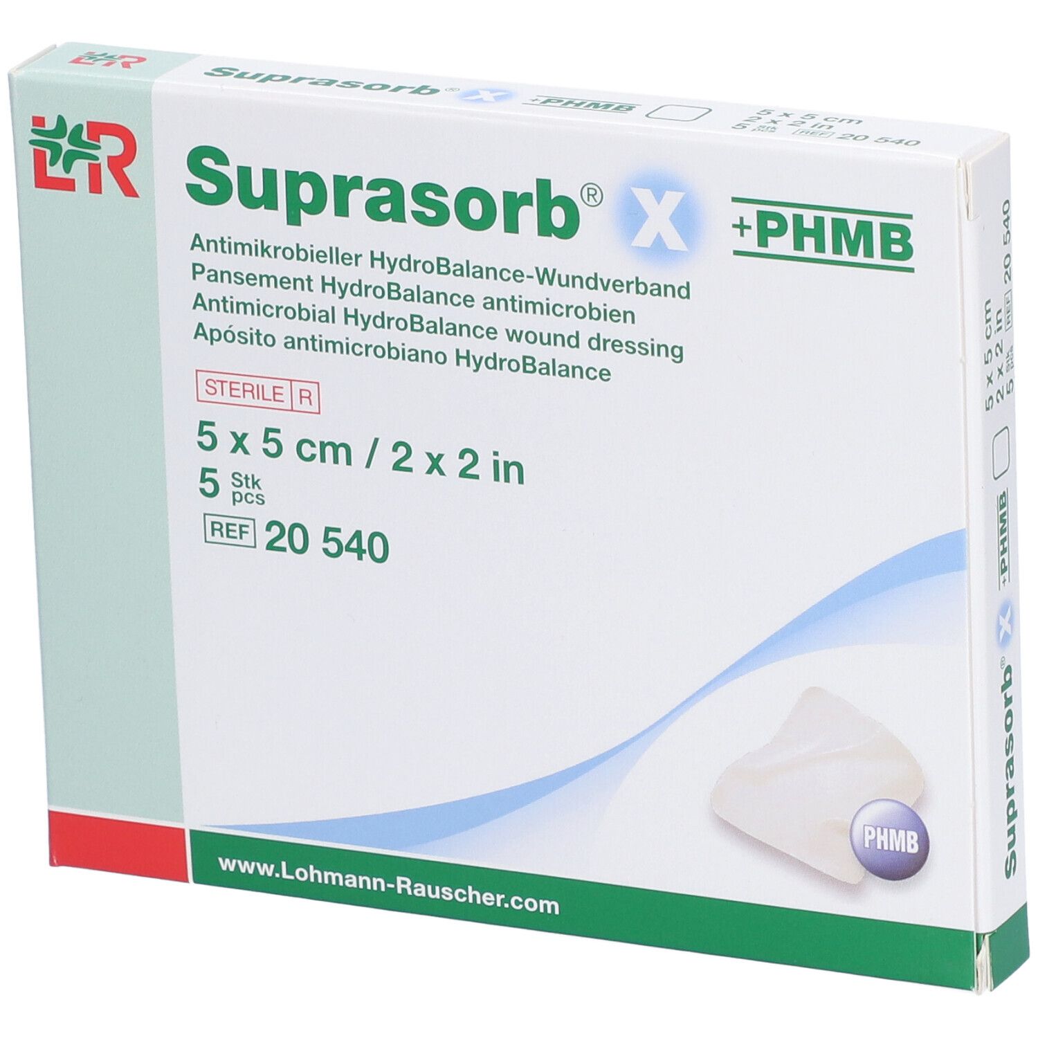 Verpakking Suprasorb® X +PHMB wondverband. 5 x 5 cm, 5 stuks. Steriel. Tekst in Duits, Engels, Frans, Spaans.