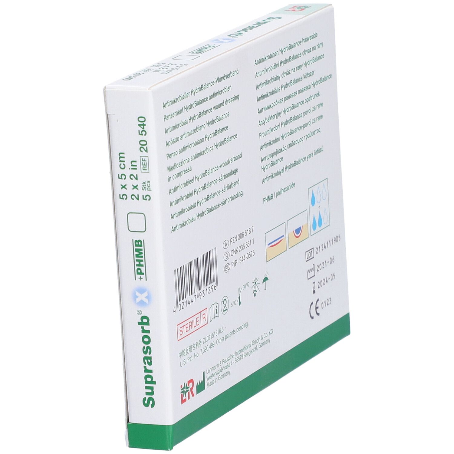 Schuine weergave van de achterkant van de verpakking van Suprasorb® X +PHMB wondverband. Tekst en symbolen.