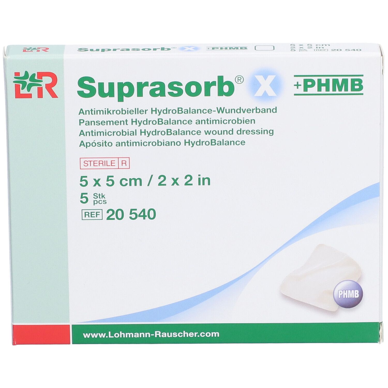 Verpakking Suprasorb® X +PHMB wondverband. 5 x 5 cm, 5 stuks. Steriel. Met logo en productafbeelding.