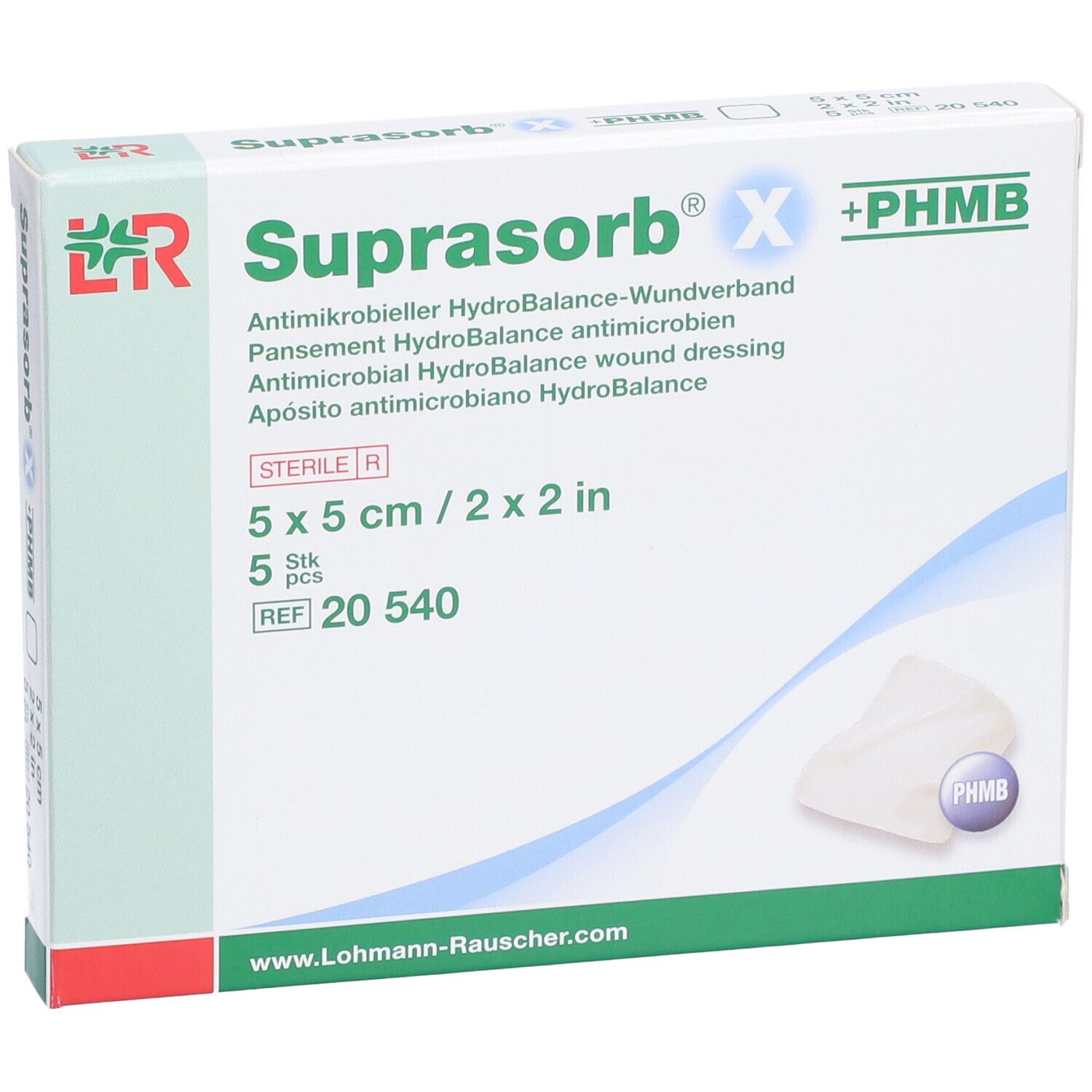 Verpakking Suprasorb® X +PHMB wondverband. 5 x 5 cm, 5 stuks. Steriel. Met logo en productafbeelding.