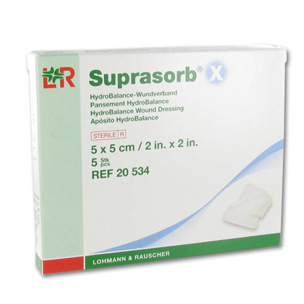 Emballage de Suprasorb® X. Pansement Hydrobalance. 5 x 5 cm. 5 pièces. Stérile.
