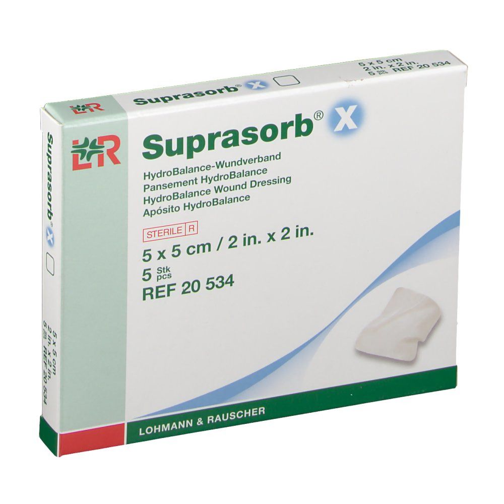 Emballage incliné de Suprasorb® X. Pansement Hydrobalance. 5 x 5 cm. 5 pièces. Stérile.