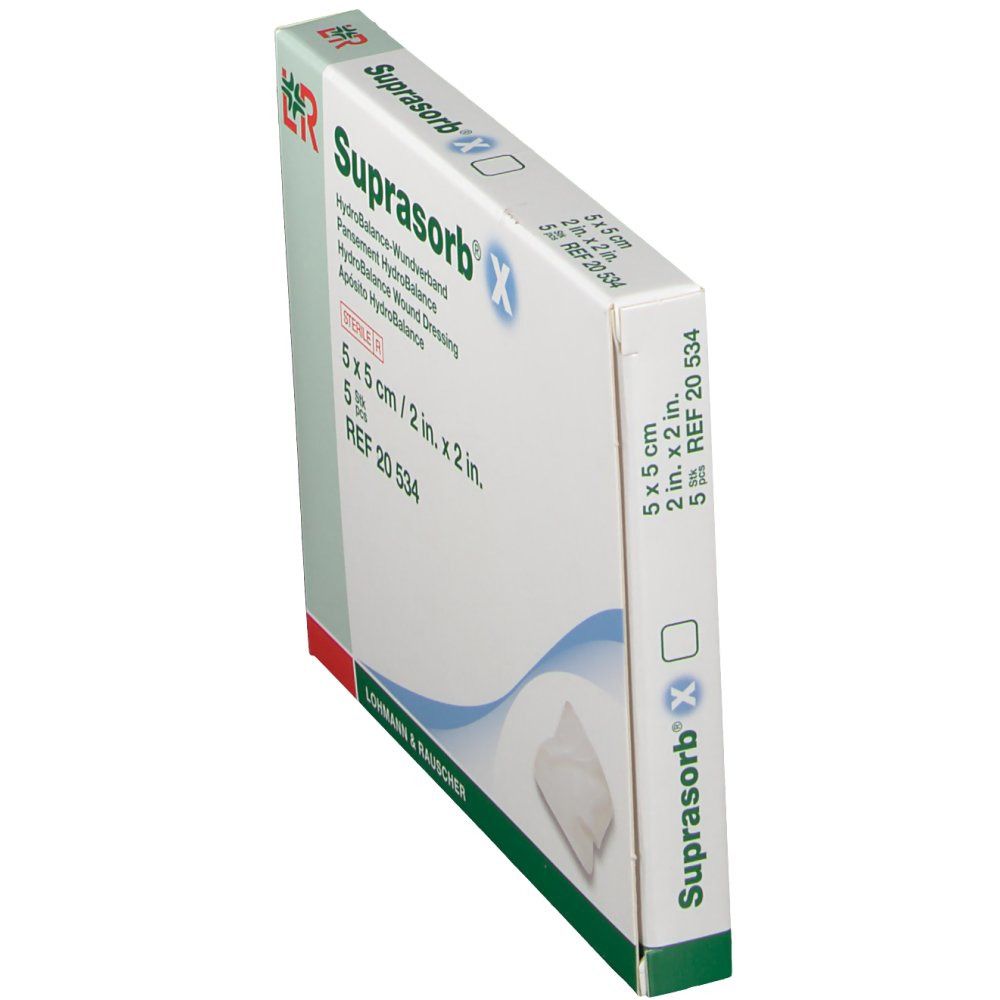 Vue latérale de l'emballage de Suprasorb® X. 5 x 5 cm. 5 pièces. Stérile.