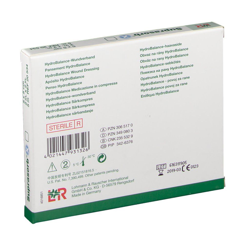 Dos de l'emballage de Suprasorb® X. Informations et certifications. Stérile.