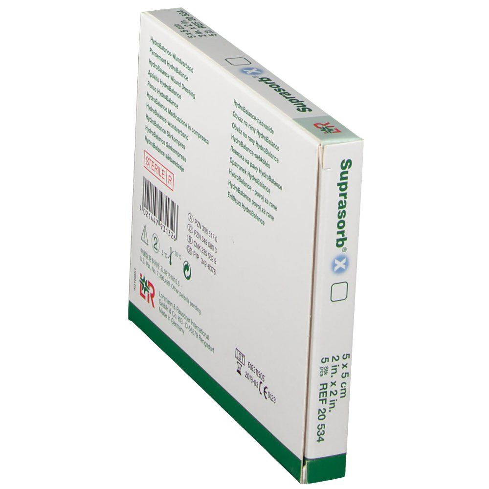 Dos incliné de l'emballage de Suprasorb® X. 5 x 5 cm. Stérile.