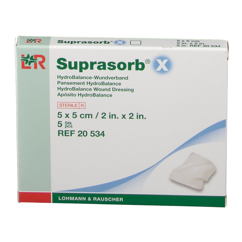 Emballage de Suprasorb® X. Pansement Hydrobalance. 5 x 5 cm. 5 pièces. Stérile.