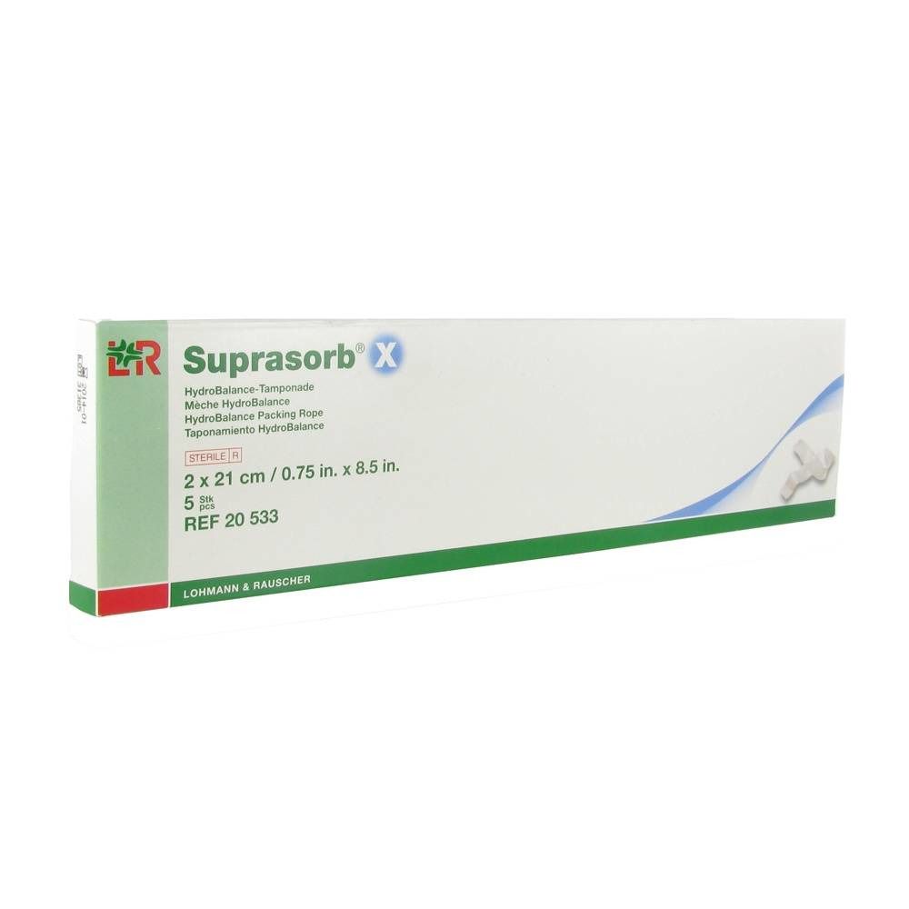 Verpakking met productnaam Suprasorb X. Afmetingen: 2 x 21 cm. Bevat 5 stuks. Fabrikant: LOHMANN & RAUSCHER.