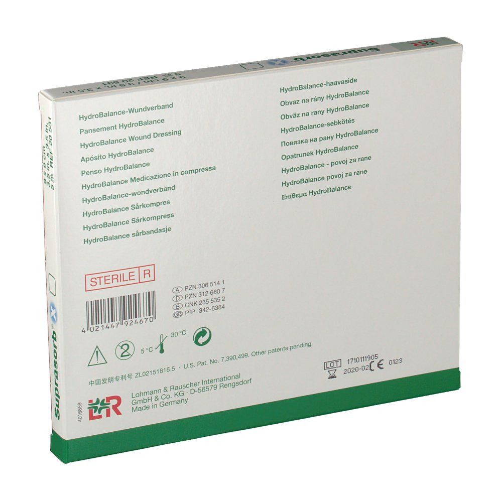 Dos de l'emballage Suprasorb X. Informations sur le pansement HydroBalance. Stérile.