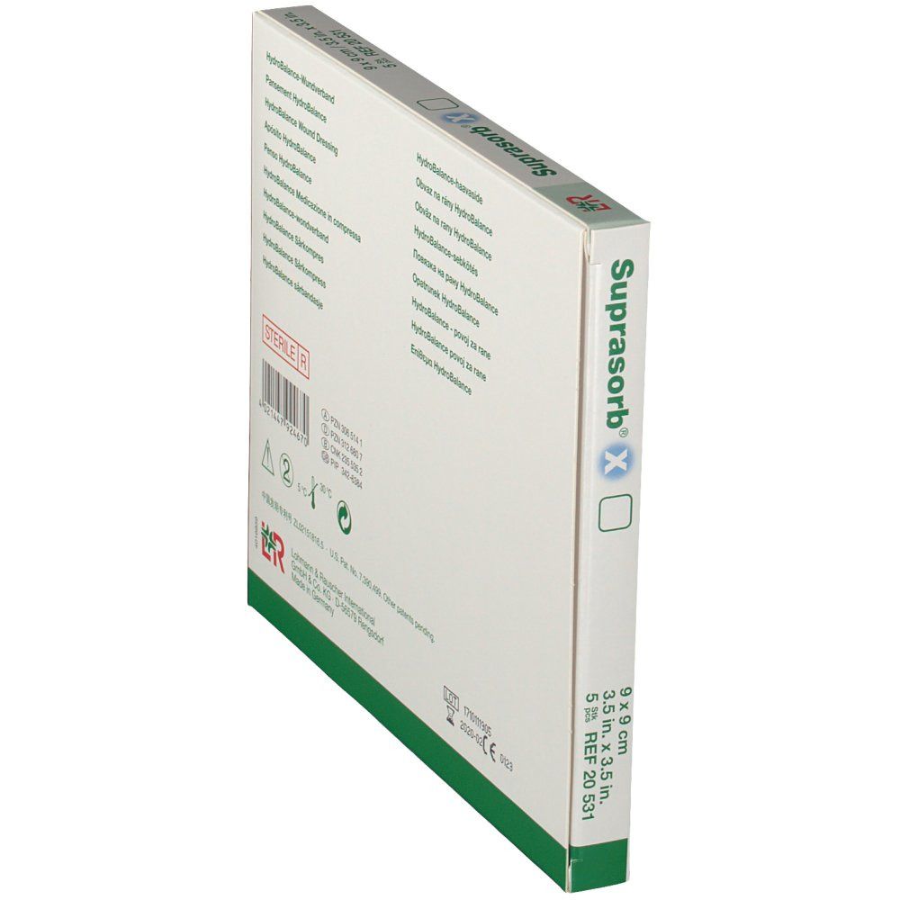 Vue oblique du dos de l'emballage Suprasorb X. Informations sur le pansement HydroBalance. Stérile.