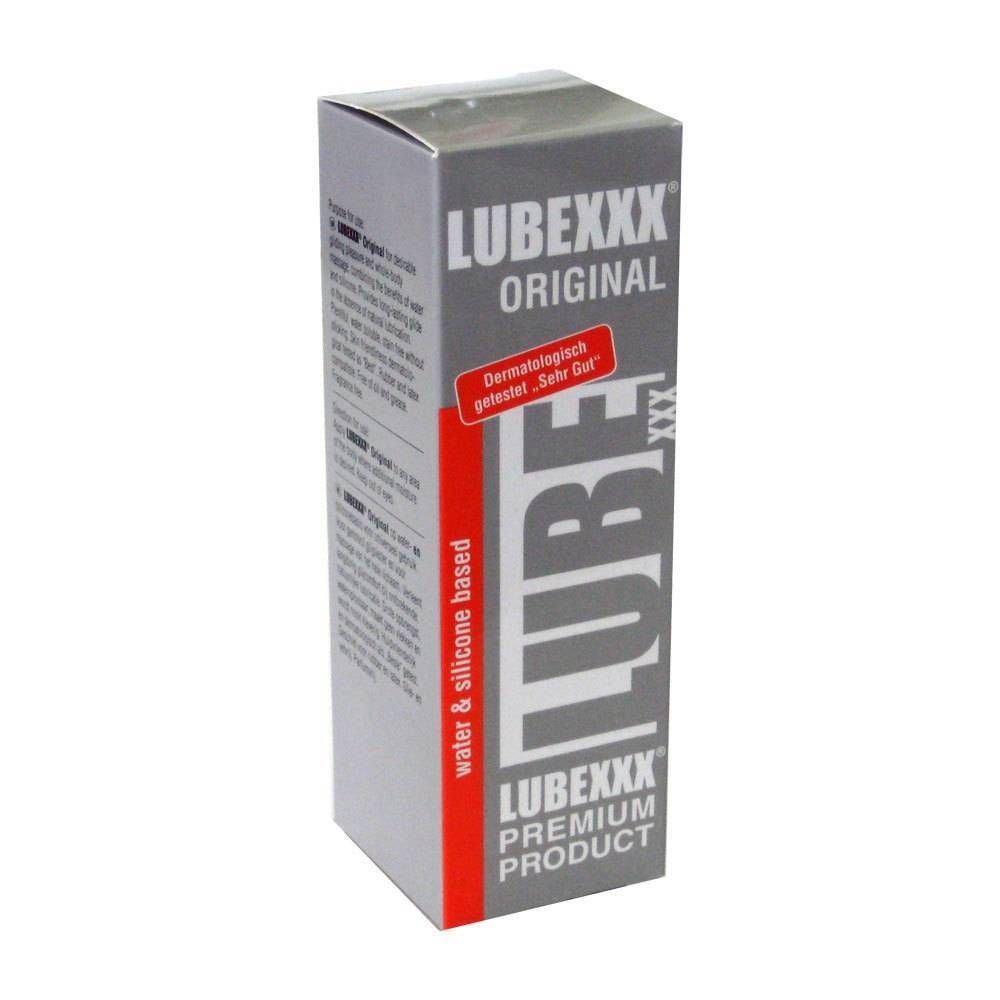 Emballage gris avec accent rouge. Inscription : LUBEXXX ORIGINAL. Testé dermatologiquement. À base d'eau et de silicone.