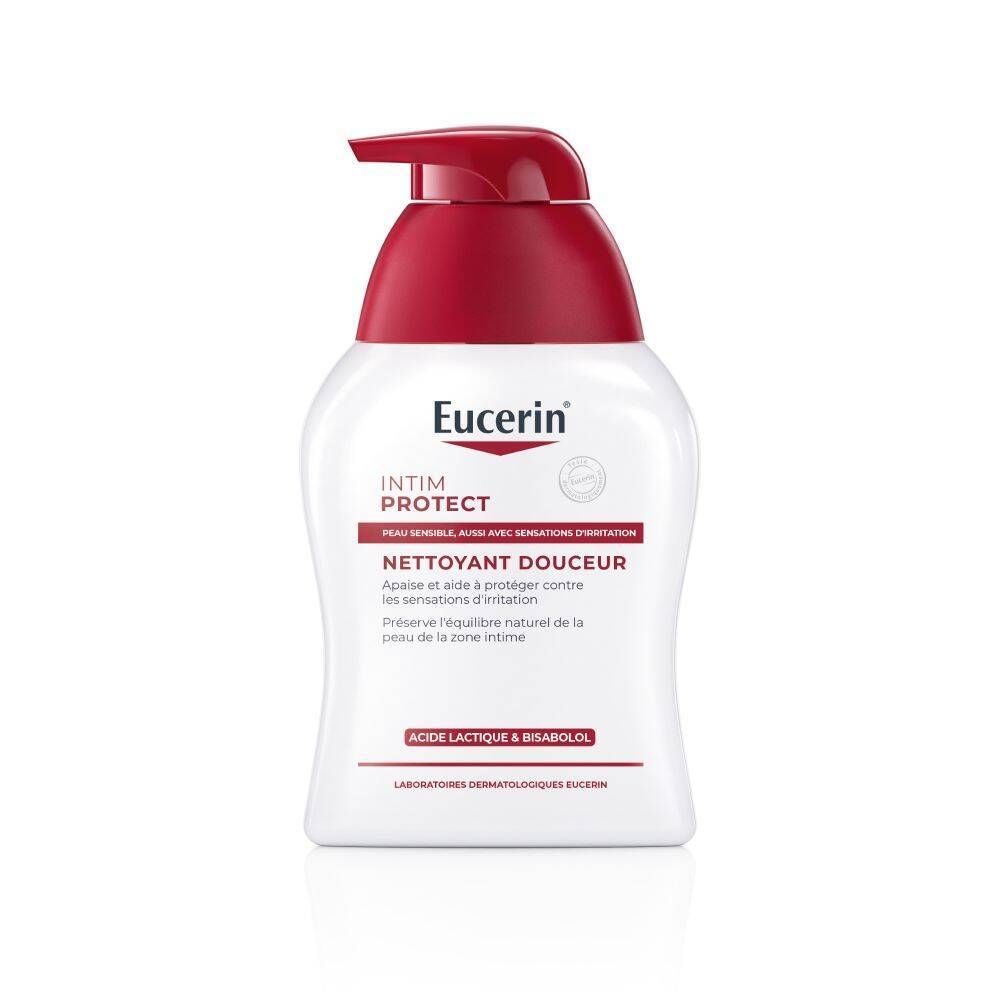 Flacon blanc avec pompe rouge. Eucerin Intim Protect. Texte sur le devant.