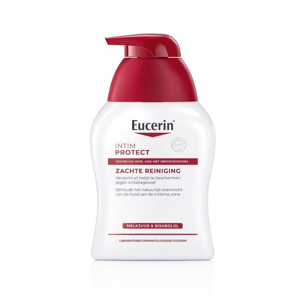 Witte dispenser met rode pomp. Eucerin Intim Protect. Tekst op de voorkant.