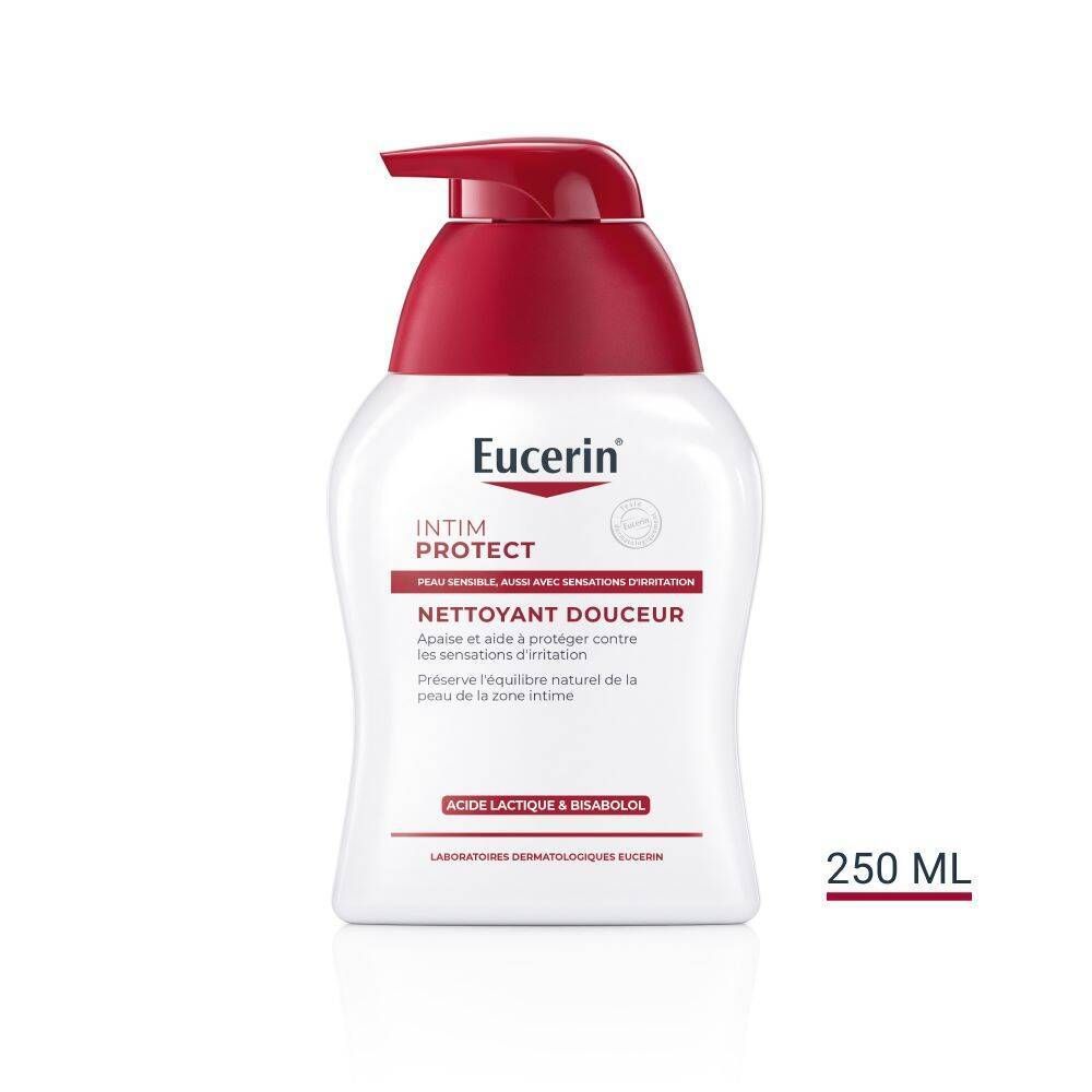 Flacon blanc avec pompe rouge. Eucerin Intim Protect. Texte sur le devant.