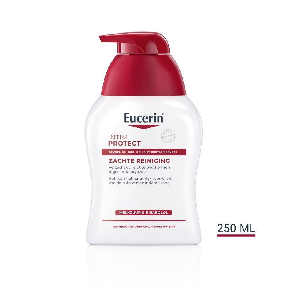 Witte dispenser met rode pomp. Eucerin Intim Protect. Tekst op de voorkant. 250 ml.
