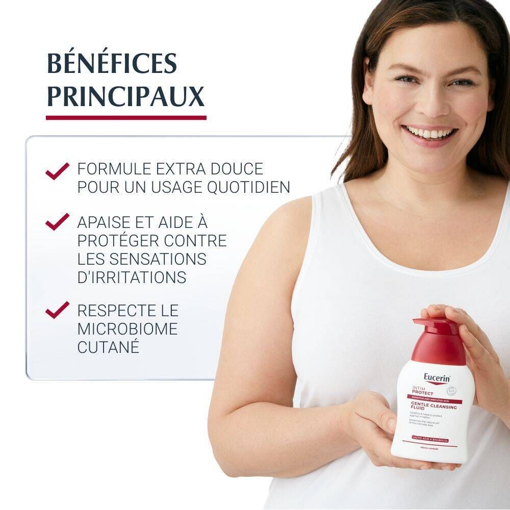 Flacon blanc avec pompe rouge. Eucerin Intim Protect. Texte sur le devant.