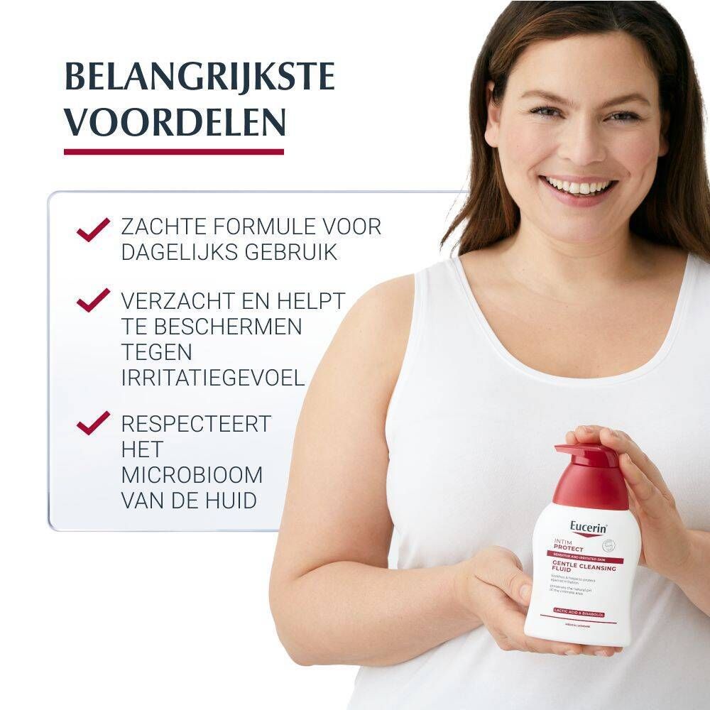 Vrouw houdt fles Eucerin Intim Protect vast. Tekst: Voordelen, zachte formule, beschermt tegen irritatie.