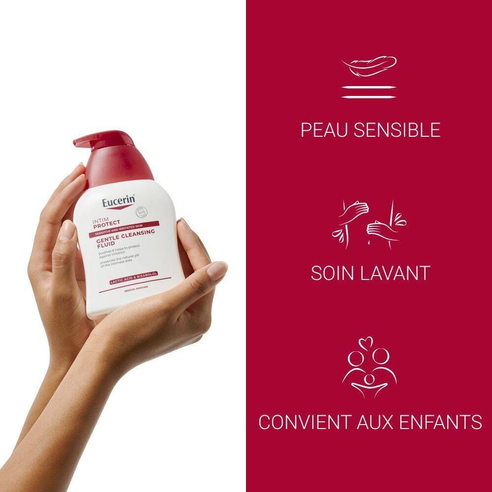 Flacon blanc avec pompe rouge. Eucerin Intim Protect. Texte sur le devant. 250 ml.