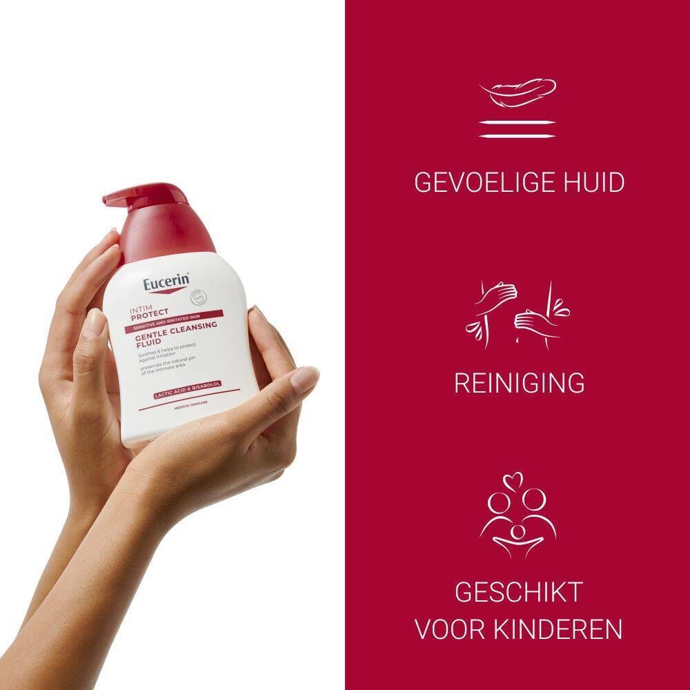 Handen houden fles Eucerin Intim Protect vast. Tekst: Zachte reiniging, gevoelige huid, geschikt voor kinderen.
