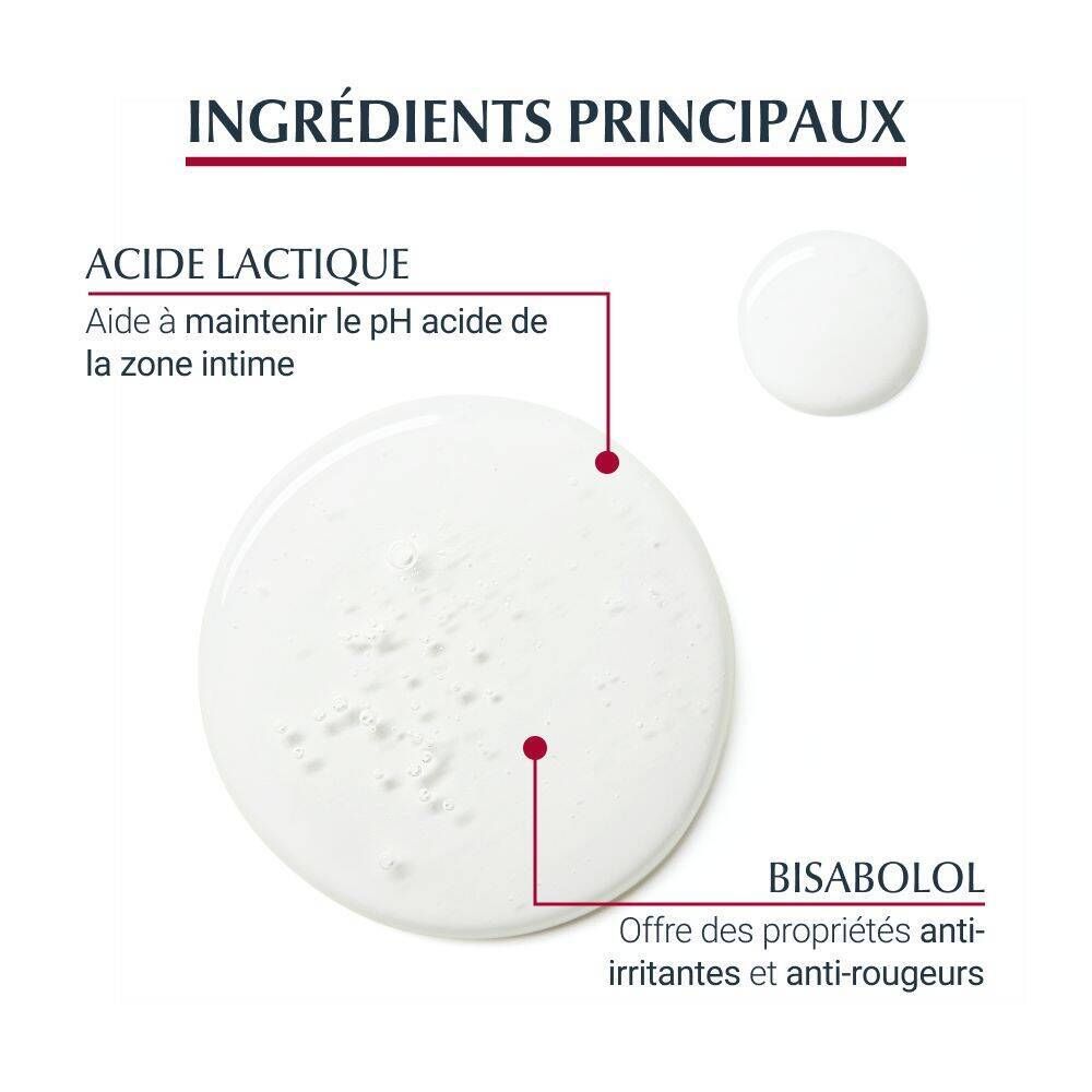 Femme tenant un flacon Eucerin Intim Protect. Texte : Avantages, formule douce, protège des irritations.