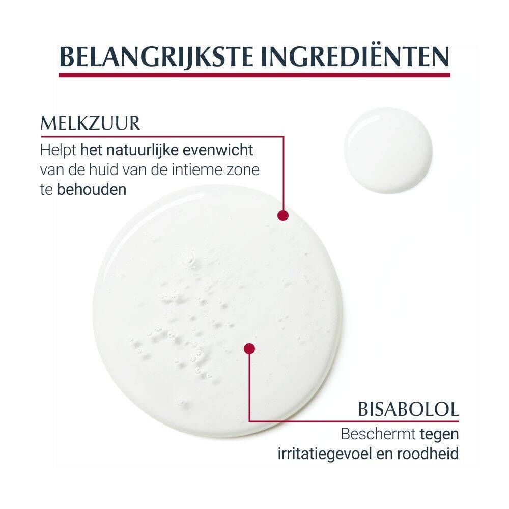 Close-up van ingrediënten. Melkzuur en Bisabolol. Tekst: pH, beschermt tegen irritatie.