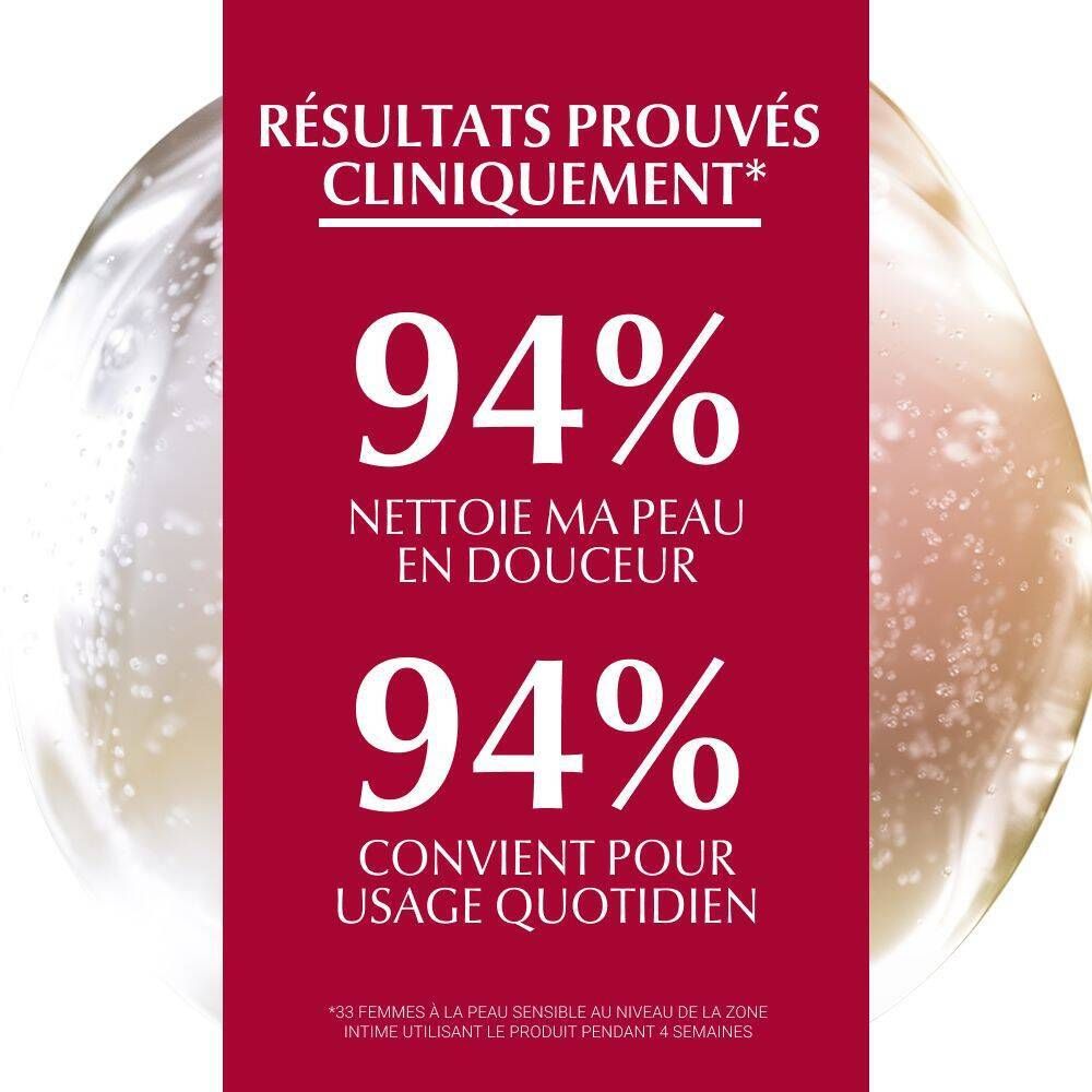 Mains tenant un flacon Eucerin Intim Protect. Texte : Nettoyage doux, peau sensible, convient aux enfants.