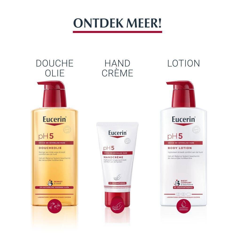 Drie Eucerin-producten: Doucheolie, bodylotion, handcrème. Rode accenten.