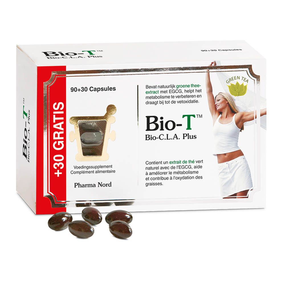 Boîte blanche "Bio-T Bio-C.L.A. Plus" et "90+30 Capsules". Capsules à côté.