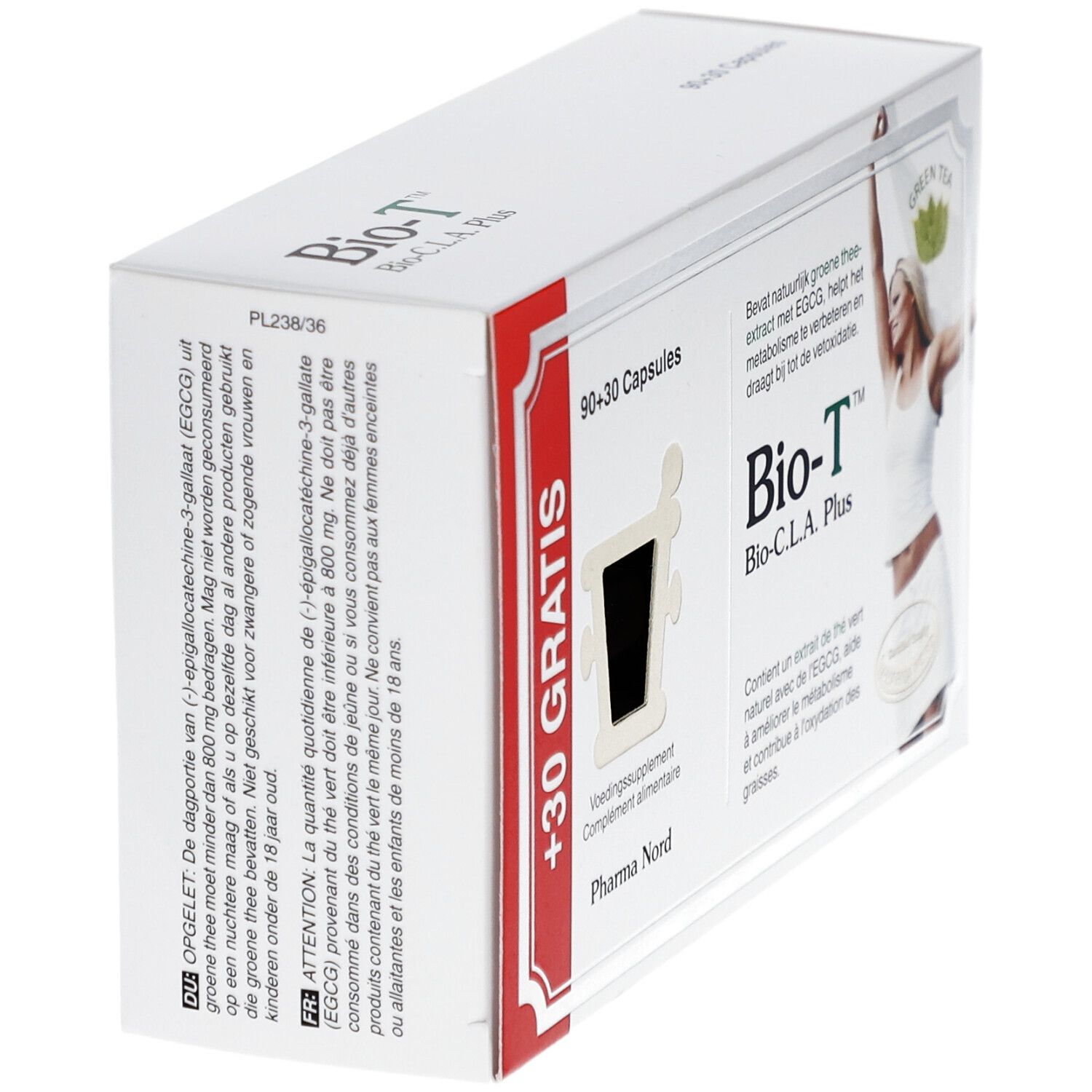 Boîte blanche "Bio-T Bio-C.L.A. Plus" et "90+30 Capsules". Texte et image d'une femme.