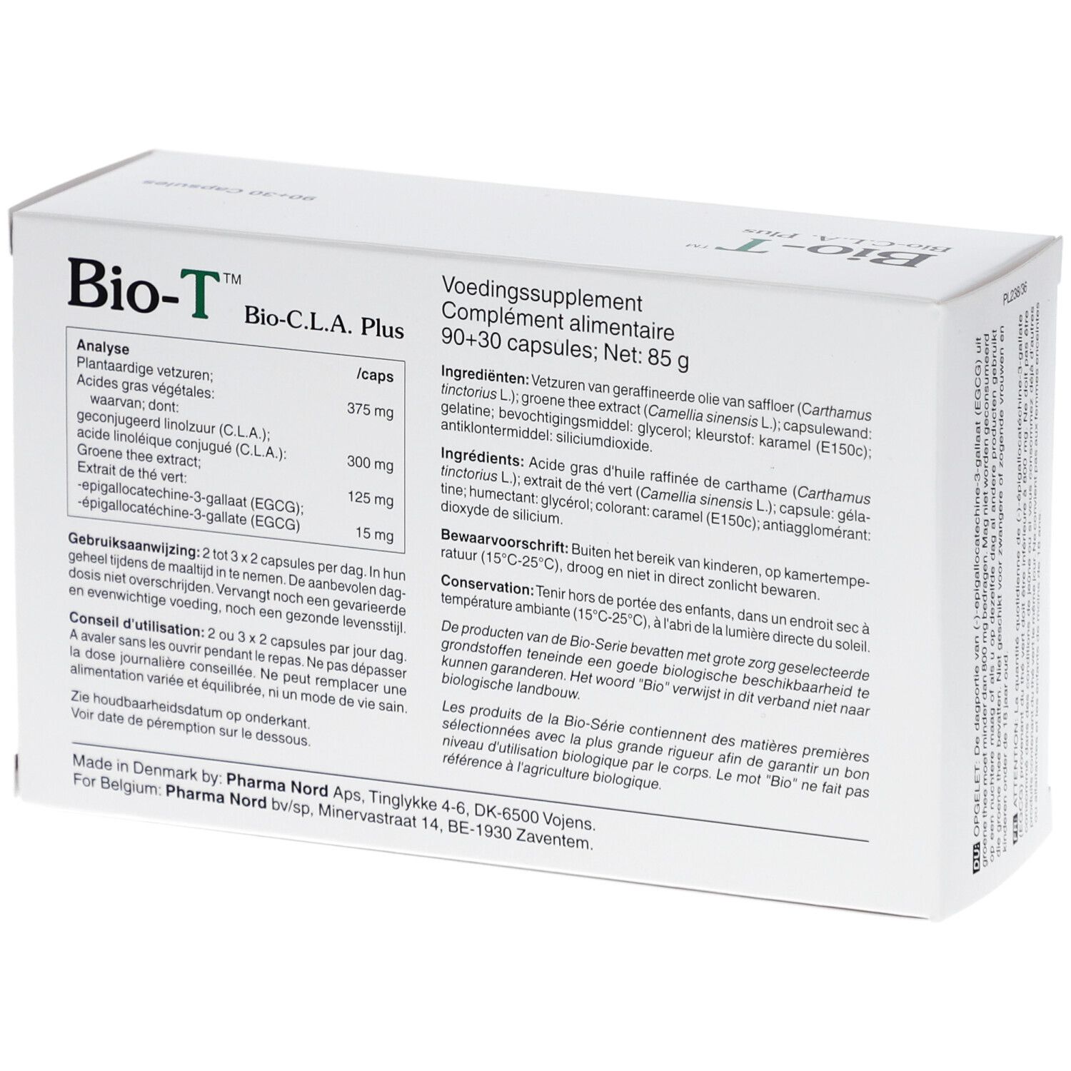 Boîte blanche "Bio-T Bio-C.L.A. Plus". Texte avec ingrédients et informations nutritionnelles.