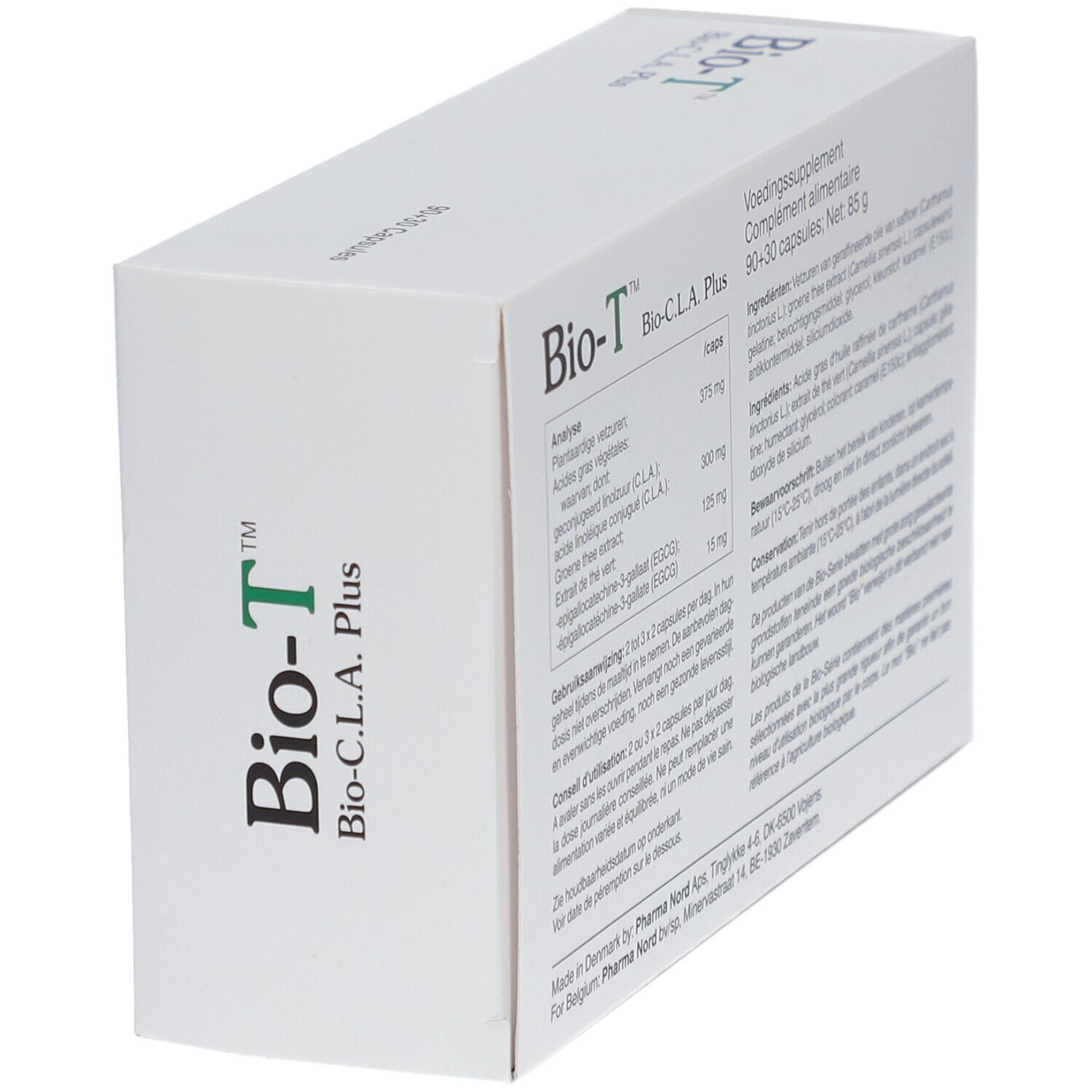 Boîte blanche "Bio-T Bio-C.L.A. Plus". Texte avec ingrédients et informations nutritionnelles.