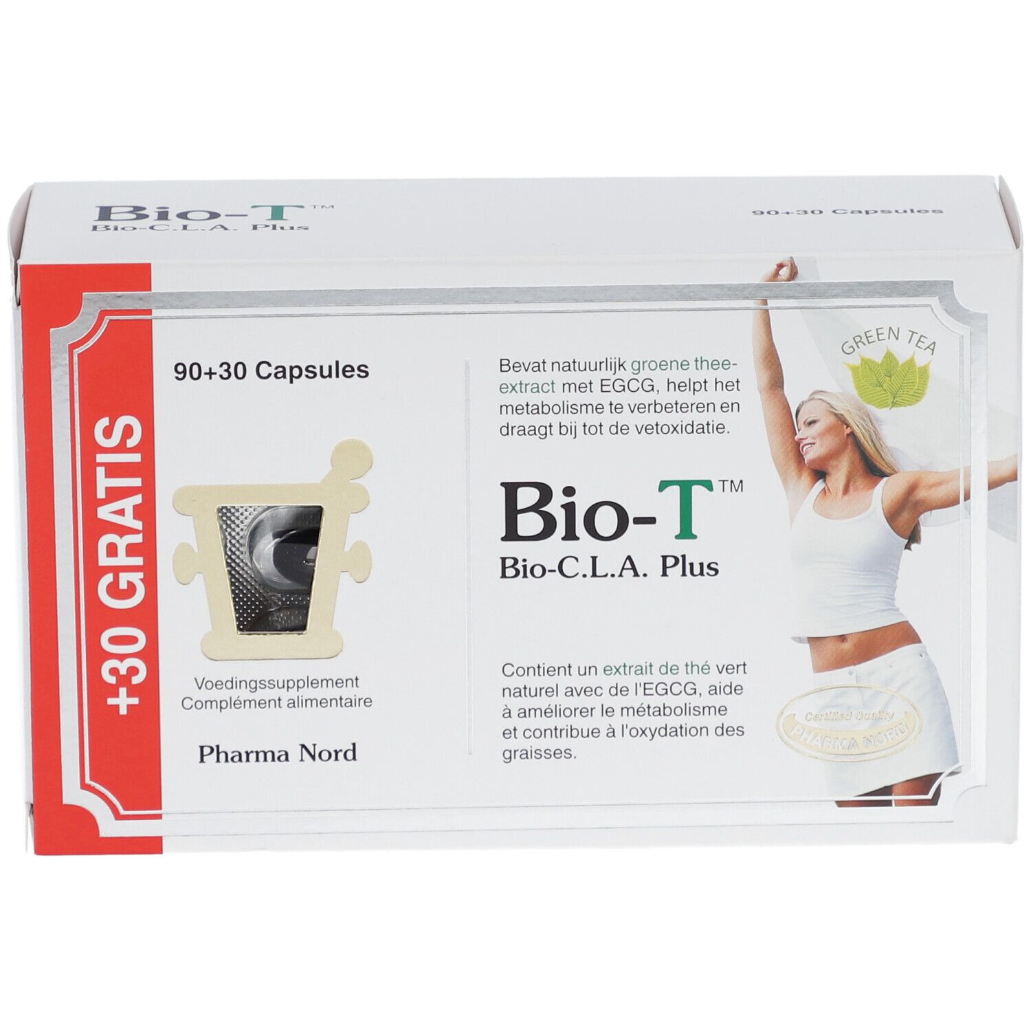 Boîte blanche "Bio-T Bio-C.L.A. Plus" et "90+30 Capsules". Image d'une femme et "+30 Gratis".