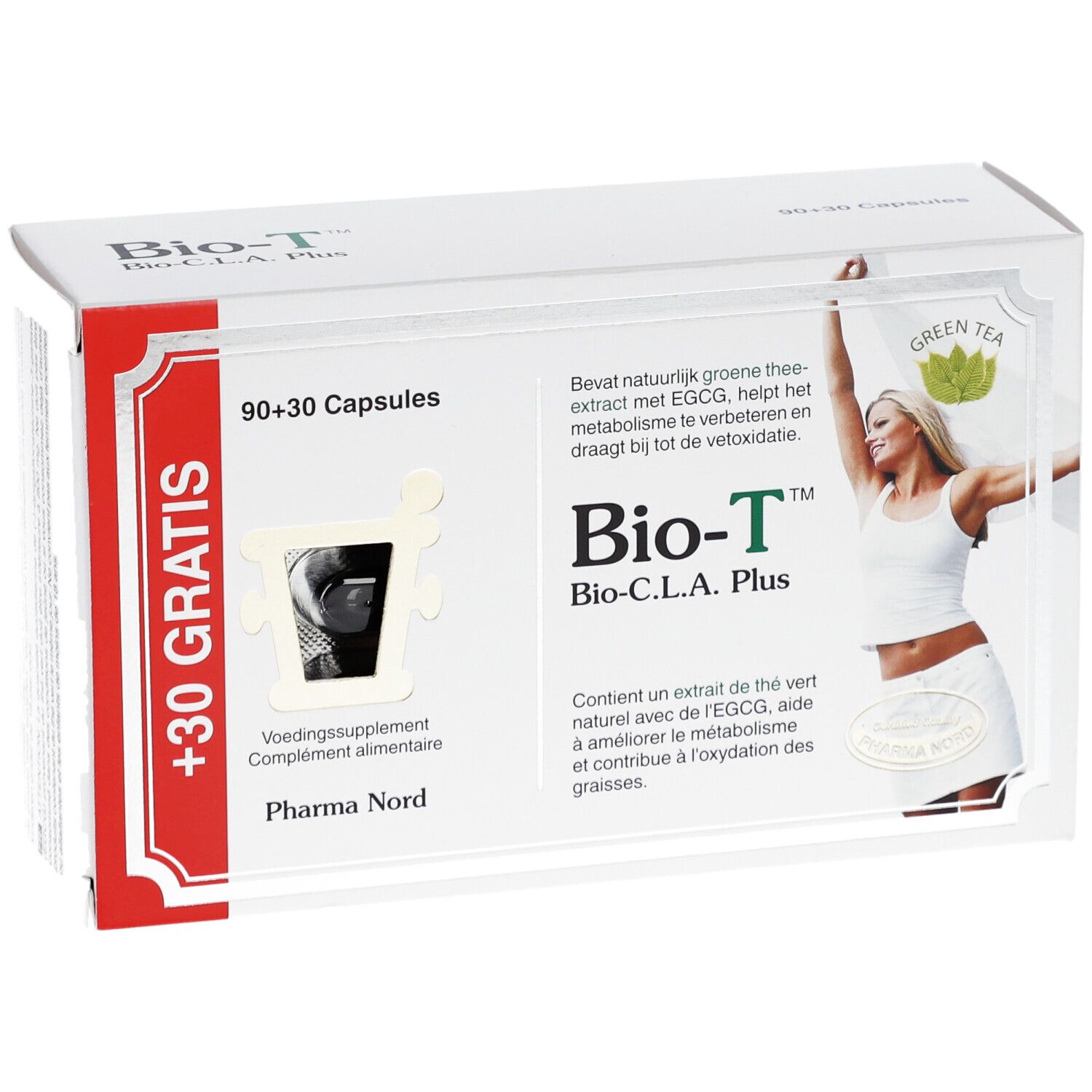 Boîte blanche "Bio-T Bio-C.L.A. Plus" et "90+30 Capsules". Image d'une femme et "+30 Gratis".