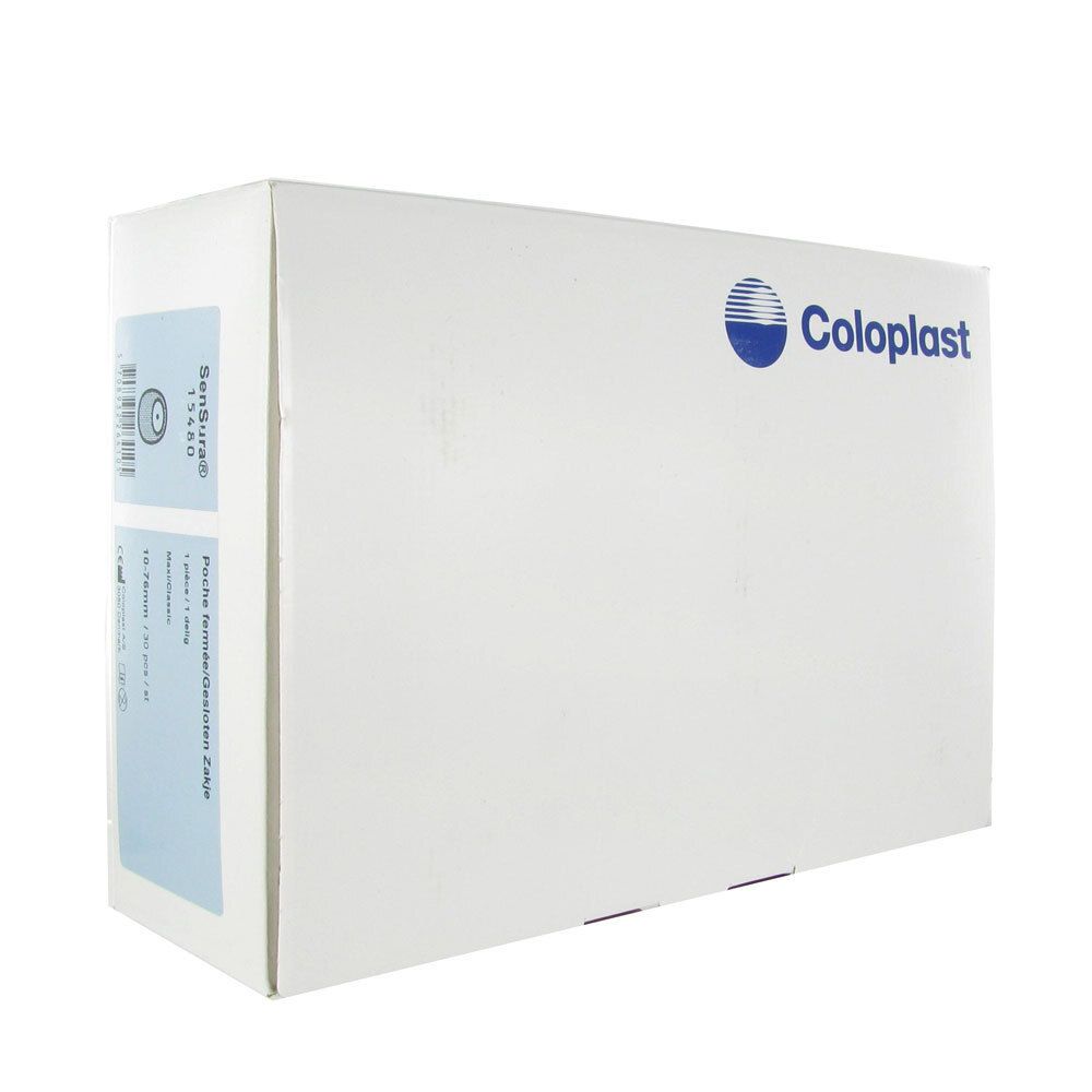Boîte blanche avec logo Coloplast. Étiquette avec informations produit et code-barres.