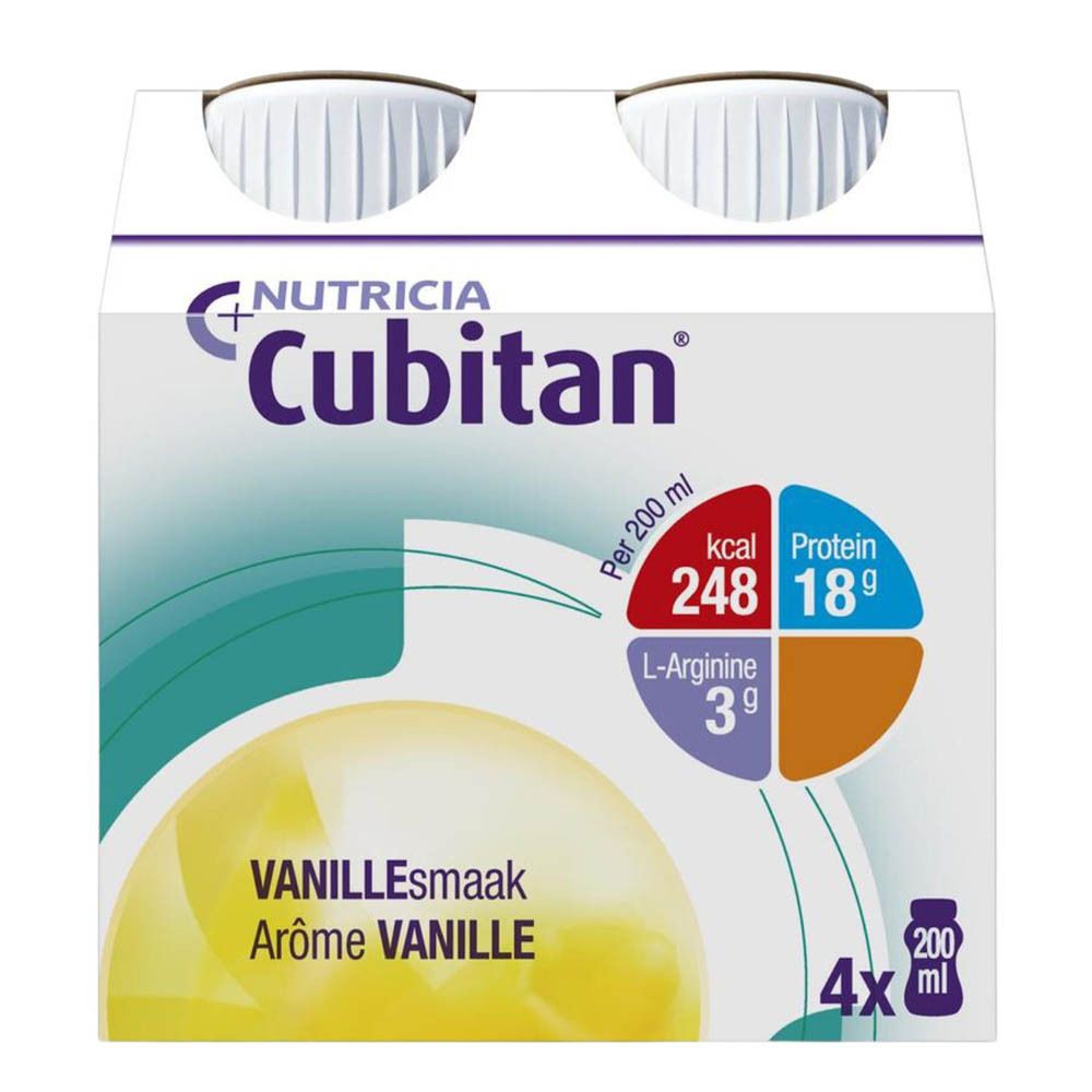 Emballage de quatre bouteilles de Cubitan Vanille. Informations nutritionnelles affichées sur l'emballage.