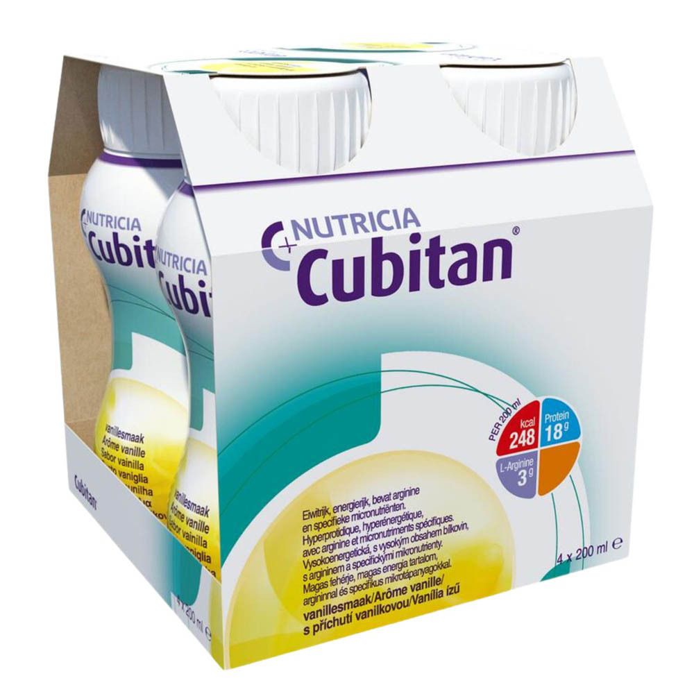 Emballage de quatre bouteilles de Cubitan Vanille. Informations nutritionnelles affichées sur l'emballage.