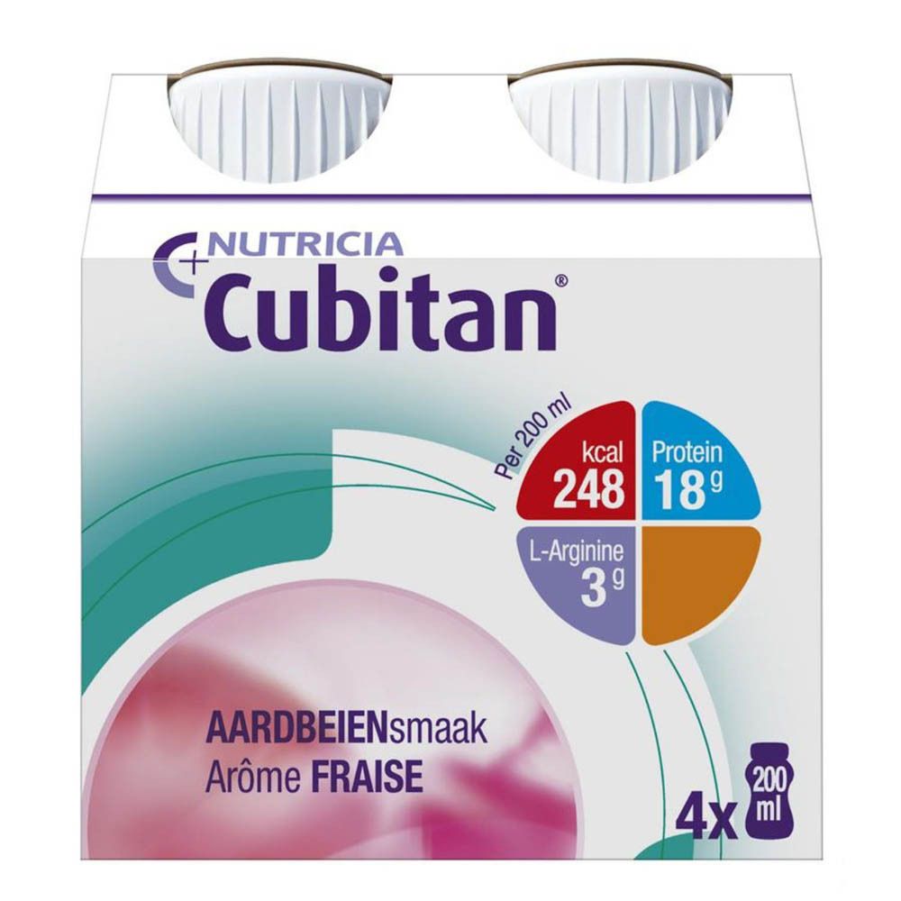 Enkele fles Cubitan. Opschrift: aardbeiensmaak, voedingswaarde-informatie.