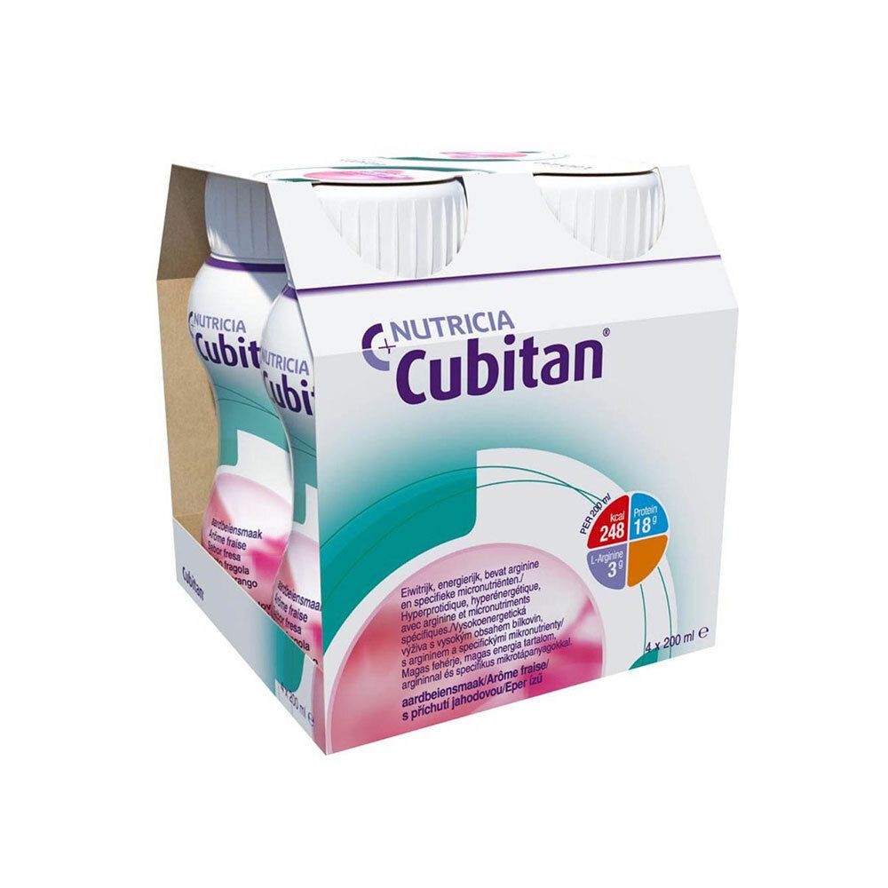Verpakking van 4 flessen Cubitan. Opschrift: aardbeiensmaak, voedingswaarde-informatie.