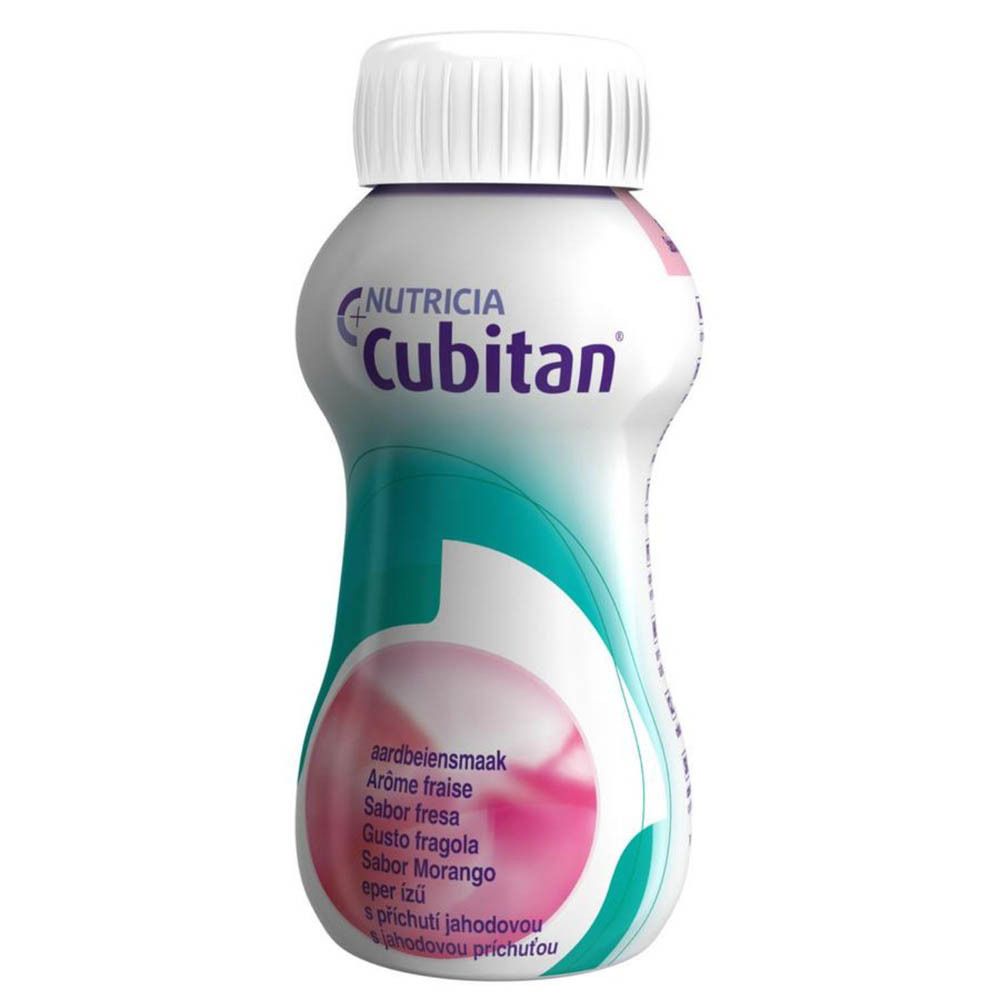 Emballage de 4 bouteilles Cubitan. Inscription : goût fraise, informations nutritionnelles.