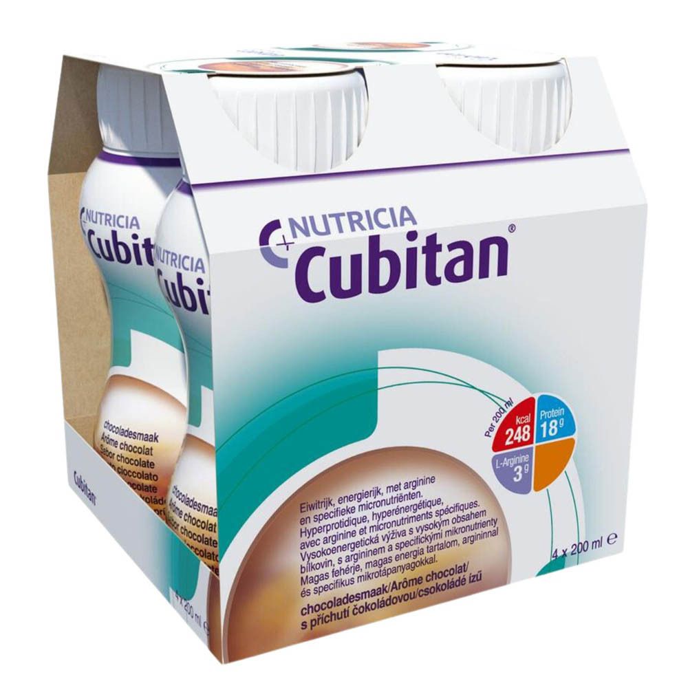 Bouteille Cubitan Chocolat. Contient des informations nutritionnelles : calories, protéines, L-Arginine. Goût : chocolat.