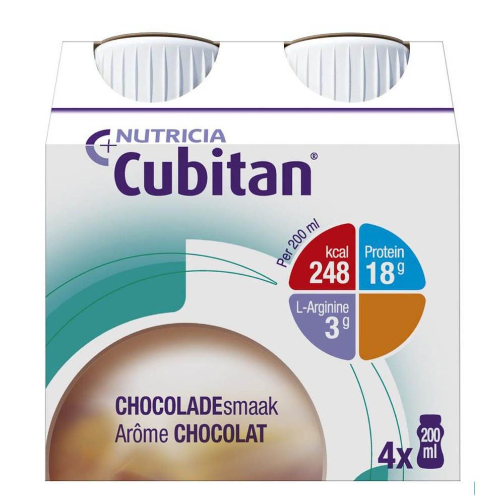 Bouteille Cubitan Chocolat. Contient des informations nutritionnelles : calories, protéines, L-Arginine. Goût : chocolat.