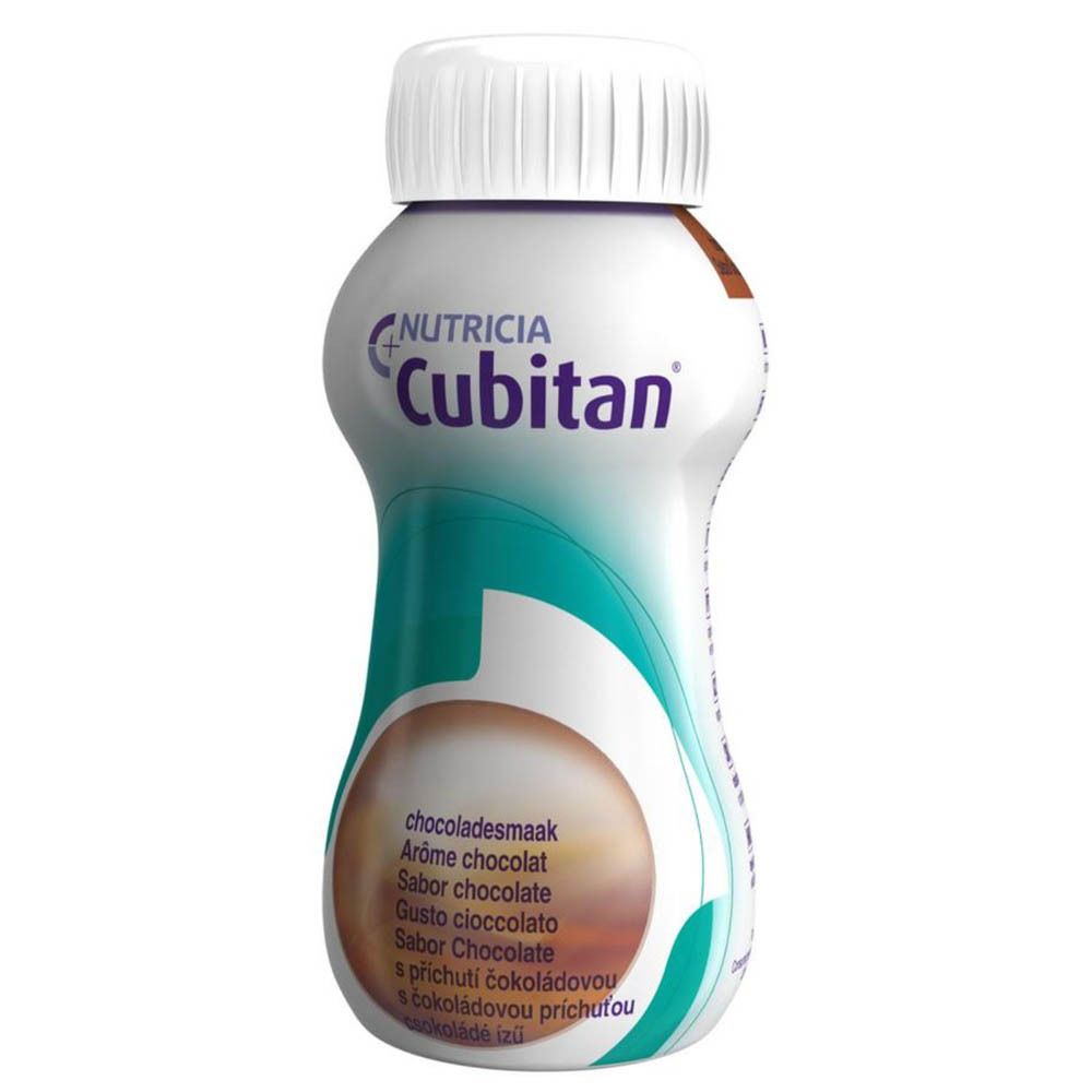 Bouteille Cubitan Chocolat. Contient des informations nutritionnelles : calories, protéines, L-Arginine. Goût : chocolat.