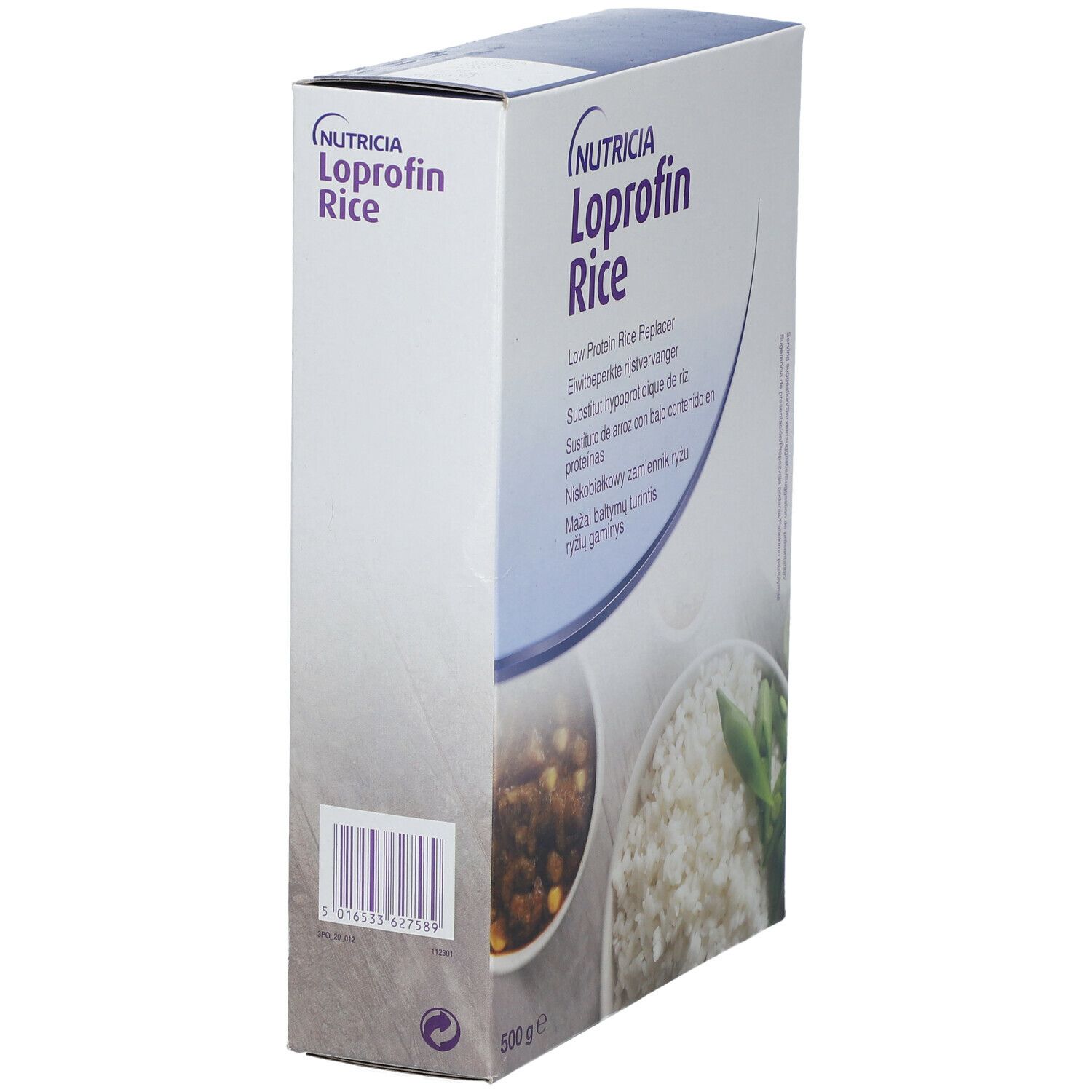 Boîte Loprofin Rice. Inscription : Low Protein Rice Replacer. Vue latérale. Code-barres. 500 g.