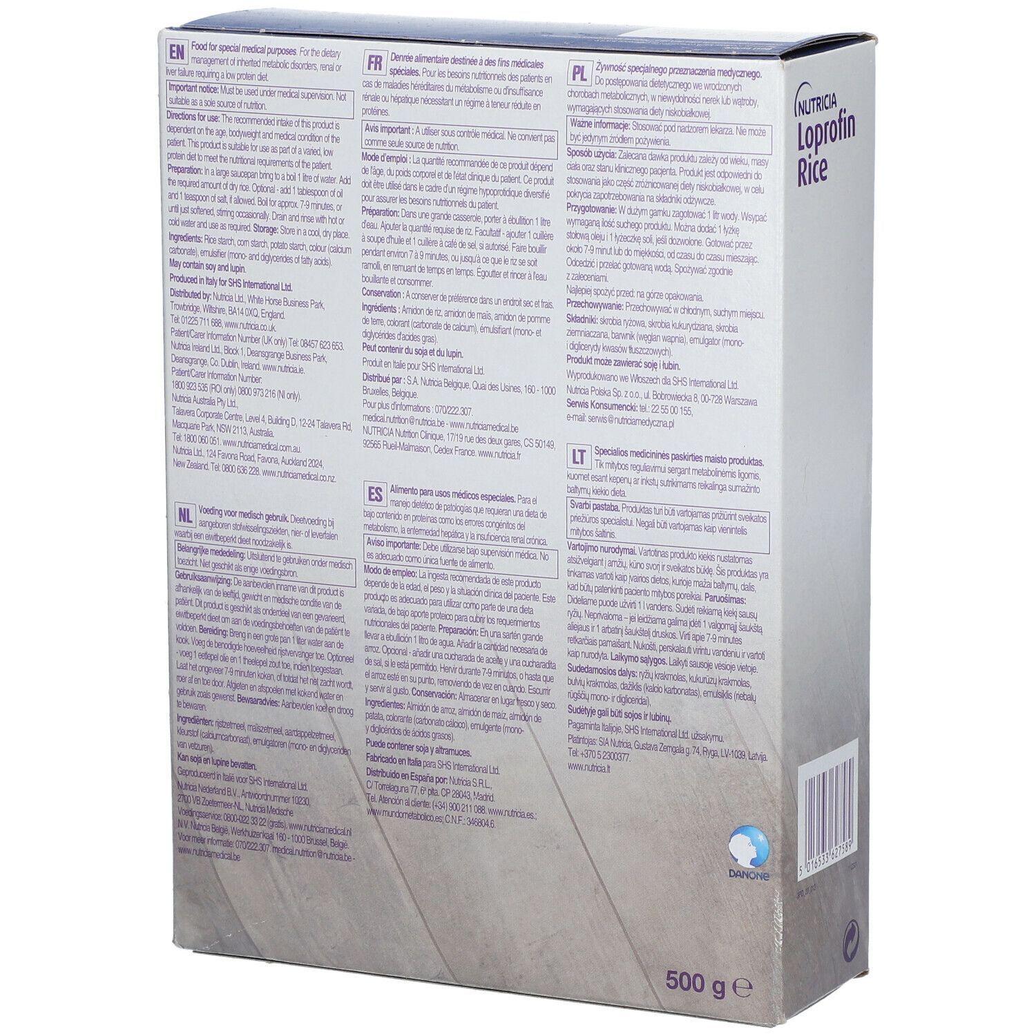 Dos de la boîte Loprofin Rice. Texte en plusieurs langues. 500 g.