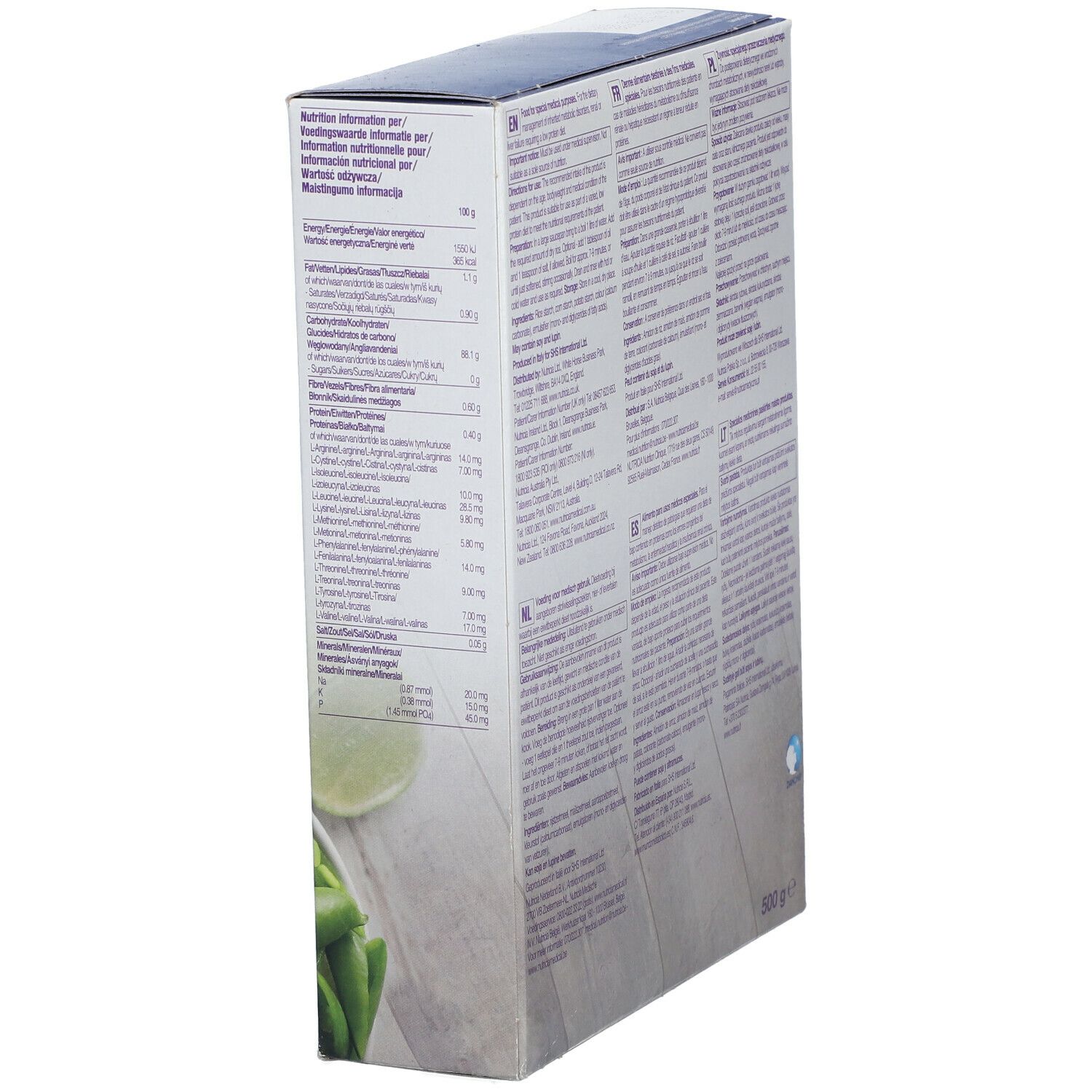 Côté de la boîte Loprofin Rice. Texte en plusieurs langues. Informations nutritionnelles. 500 g.