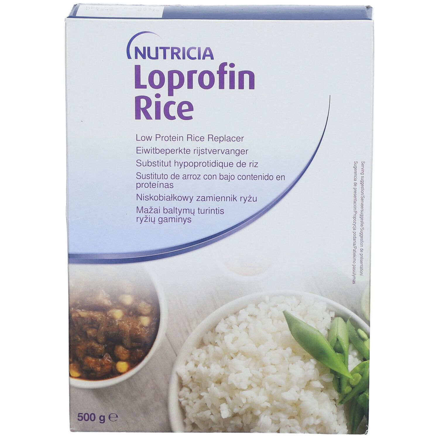 Boîte Loprofin Rice. Inscription : Low Protein Rice Replacer. Images de riz et plat. 500 g.