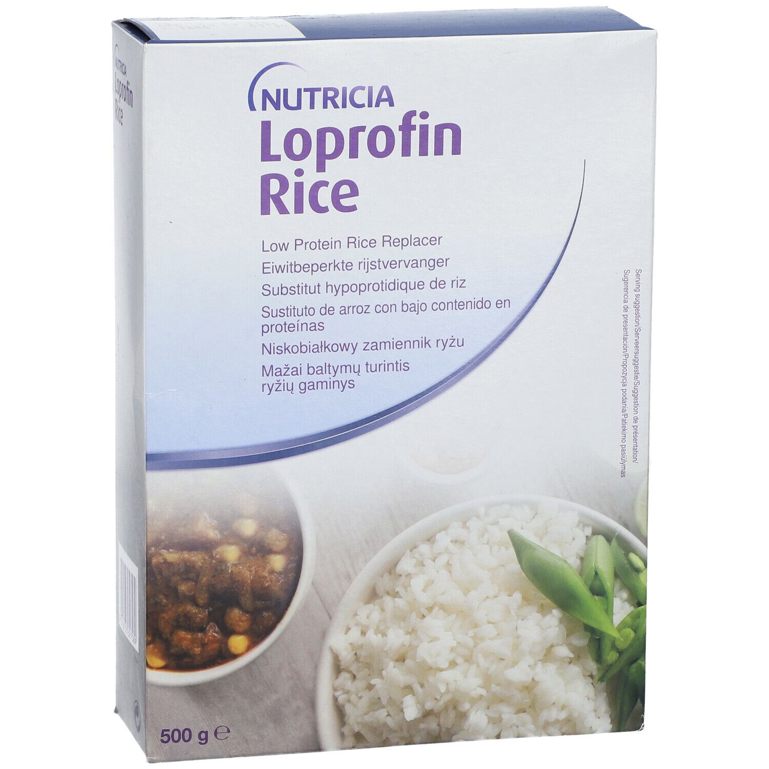 Boîte Loprofin Rice. Inscription : Low Protein Rice Replacer. Images de riz et plat. 500 g.